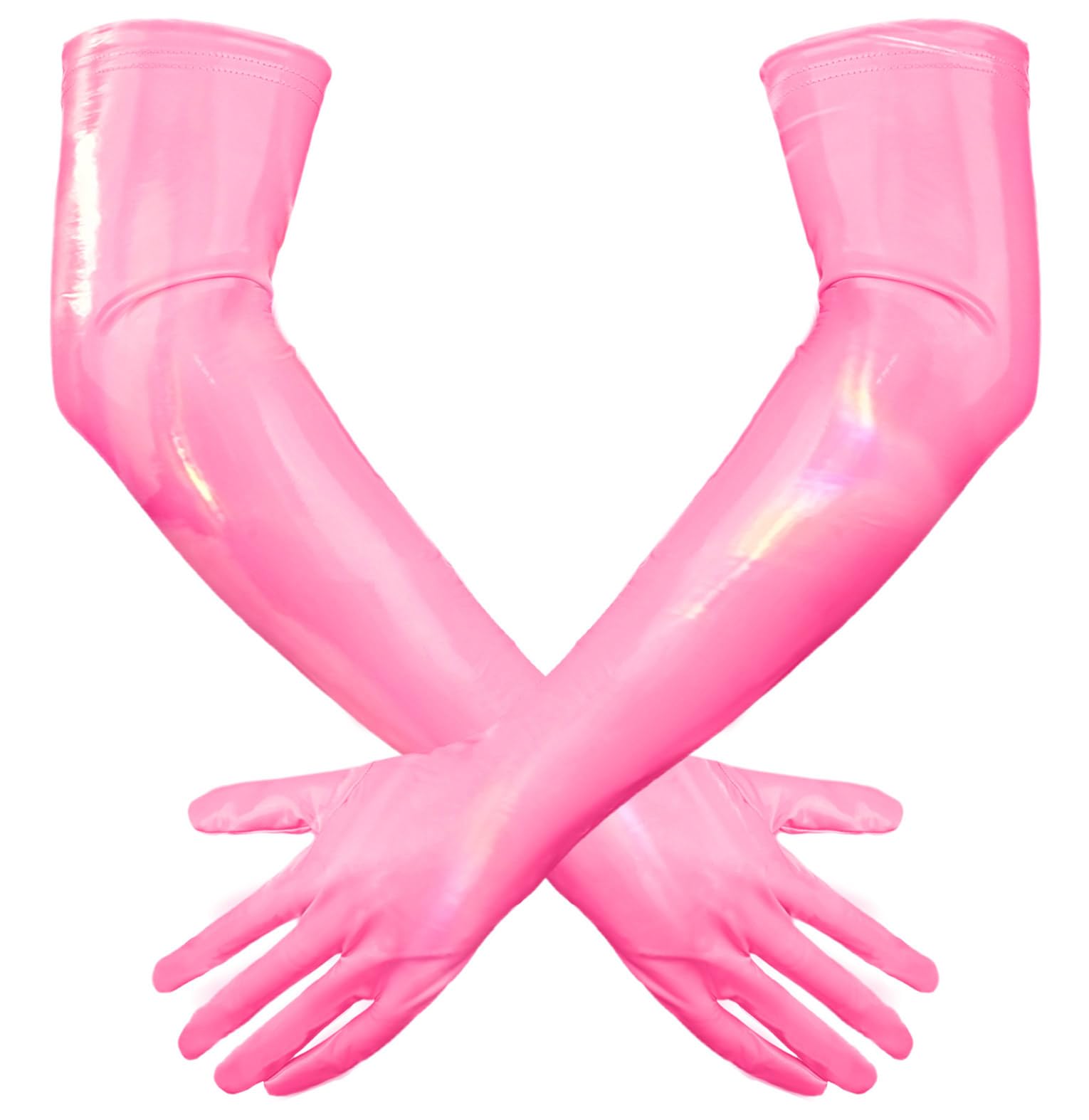 Adigau Women Long Gloves PU Shiny Leather Elbow Length Elastic Gloves Wetlook Costumes Party Cosplay Accessories XL Pink