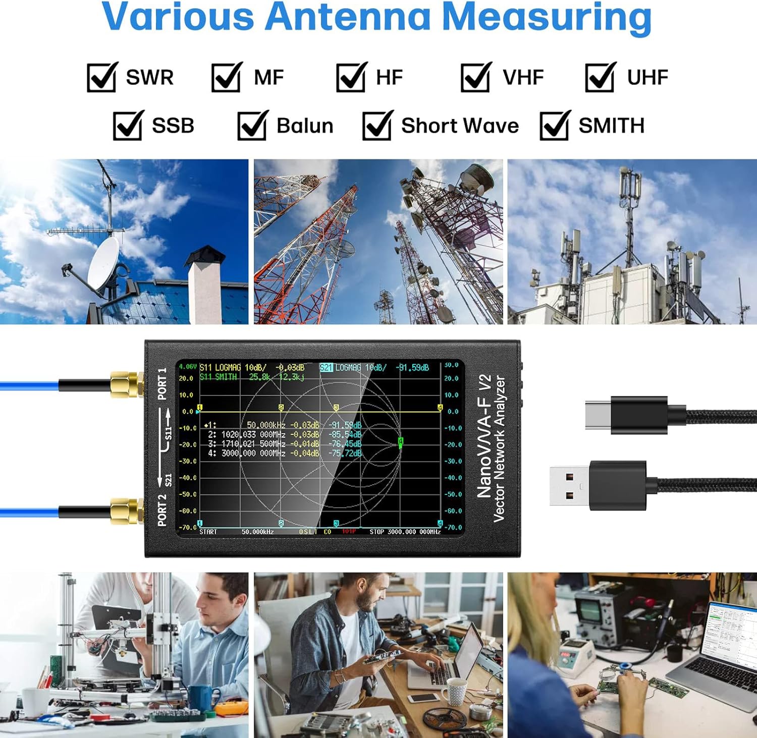 AURSINC NanoVNA-F V2 Latest Vector Network Analyzer 50KHz-3GHz HF VHF UHF VNA 4.3 Inch LCD Screen Antenna Analyzer - Parameter Measurement S, Phase, Delay, Smith Diagram