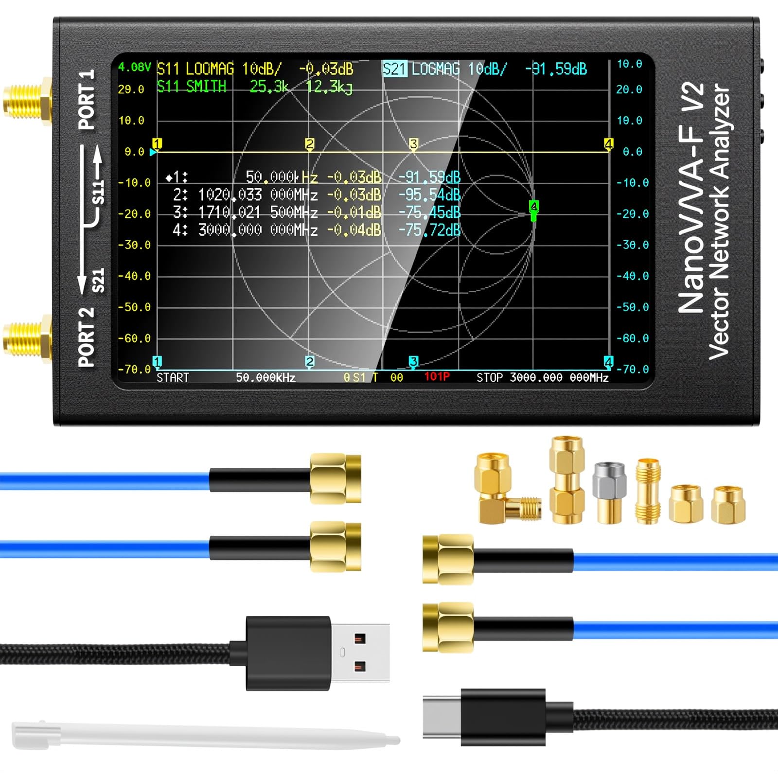 AURSINC NanoVNA-F V2 Latest Vector Network Analyzer 50KHz-3GHz HF VHF UHF VNA 4.3 Inch LCD Screen Antenna Analyzer - Parameter Measurement S, Phase, Delay, Smith Diagram
