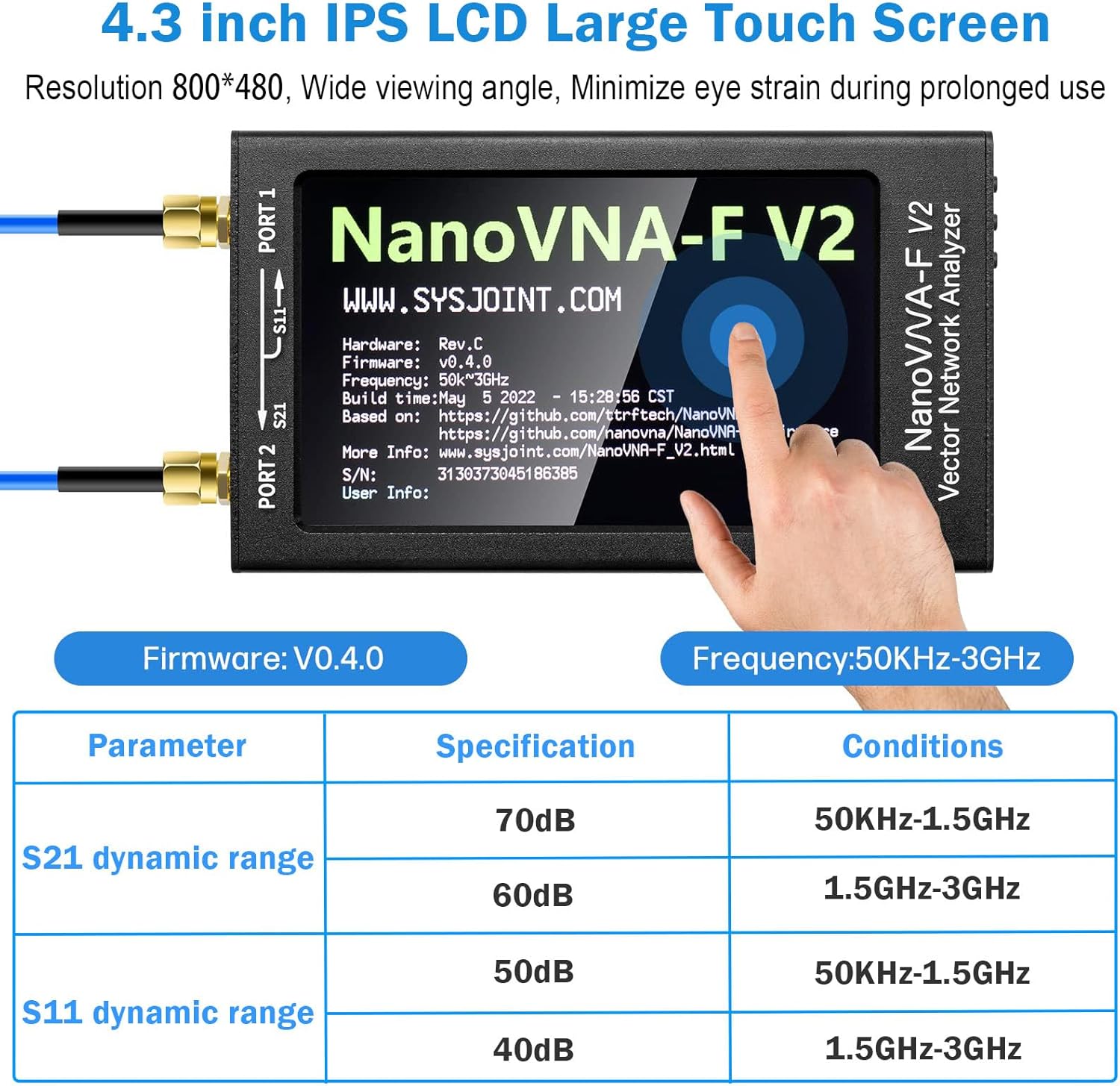 AURSINC NanoVNA-F V2 Latest Vector Network Analyzer 50KHz-3GHz HF VHF UHF VNA 4.3 Inch LCD Screen Antenna Analyzer - Parameter Measurement S, Phase, Delay, Smith Diagram