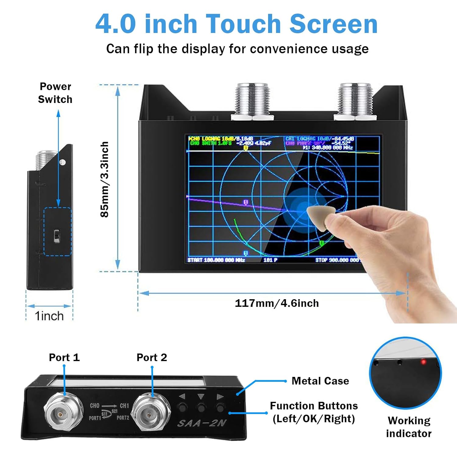 AURSINC Nanovna SAA-2N V2.2 Vector Network Analyzer 4inch Touchscreen 50KHz-3GHz HF VHF UHF Antenna Analyzer, with Storage Bag