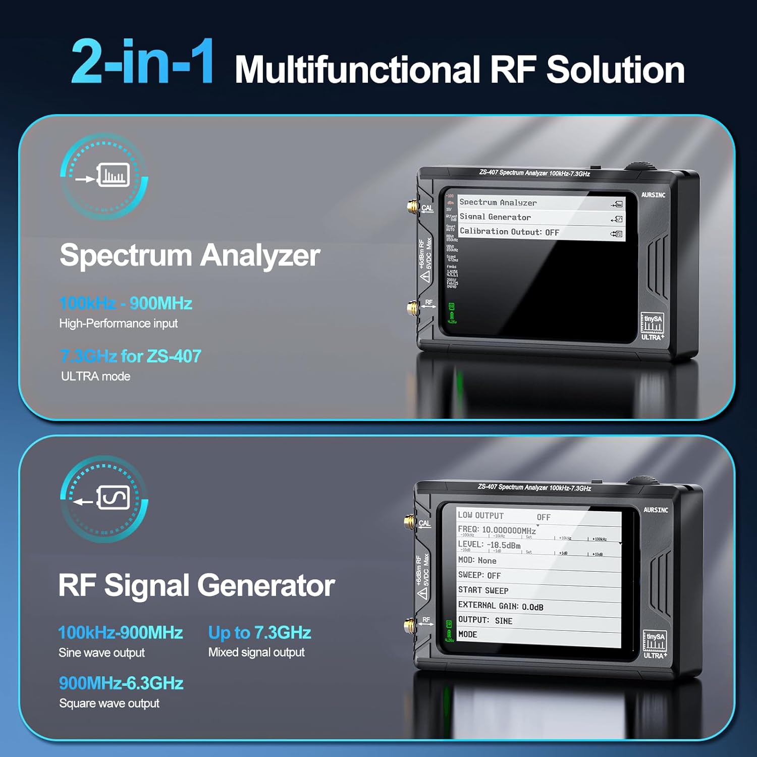 AURSINC Tinysa Ultra+ ZS407 Spectrum Analyzer, 2025 Upgraded HW V0.5.4 100 kHz-7.3 GHz 4.0 inch, 2 in 1 Signal Generator 100 kHz to 900 MHz MF/HF/VHF UHF, with 32GB Card