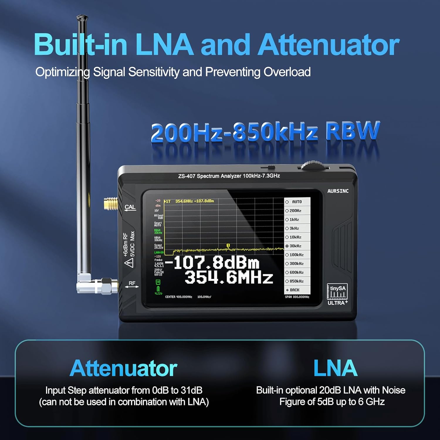 AURSINC Tinysa Ultra+ ZS407 Spectrum Analyzer, 2025 Upgraded HW V0.5.4 100 kHz-7.3 GHz 4.0 inch, 2 in 1 Signal Generator 100 kHz to 900 MHz MF/HF/VHF UHF, with 32GB Card