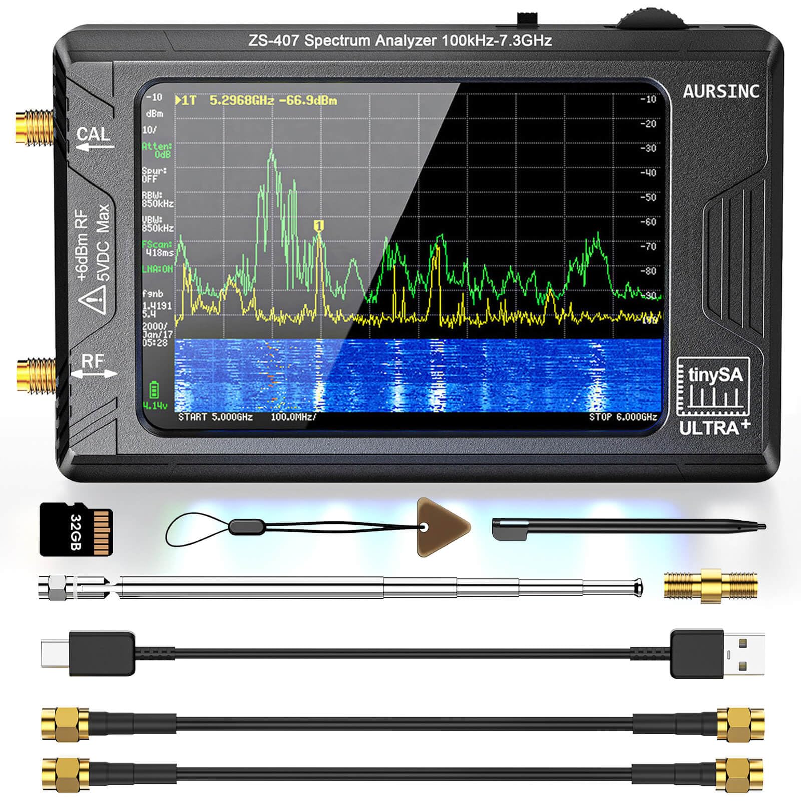 AURSINC Tinysa Ultra+ ZS407 Spectrum Analyzer, 2025 Upgraded HW V0.5.4 100 kHz-7.3 GHz 4.0 inch, 2 in 1 Signal Generator 100 kHz to 900 MHz MF/HF/VHF UHF, with 32GB Card