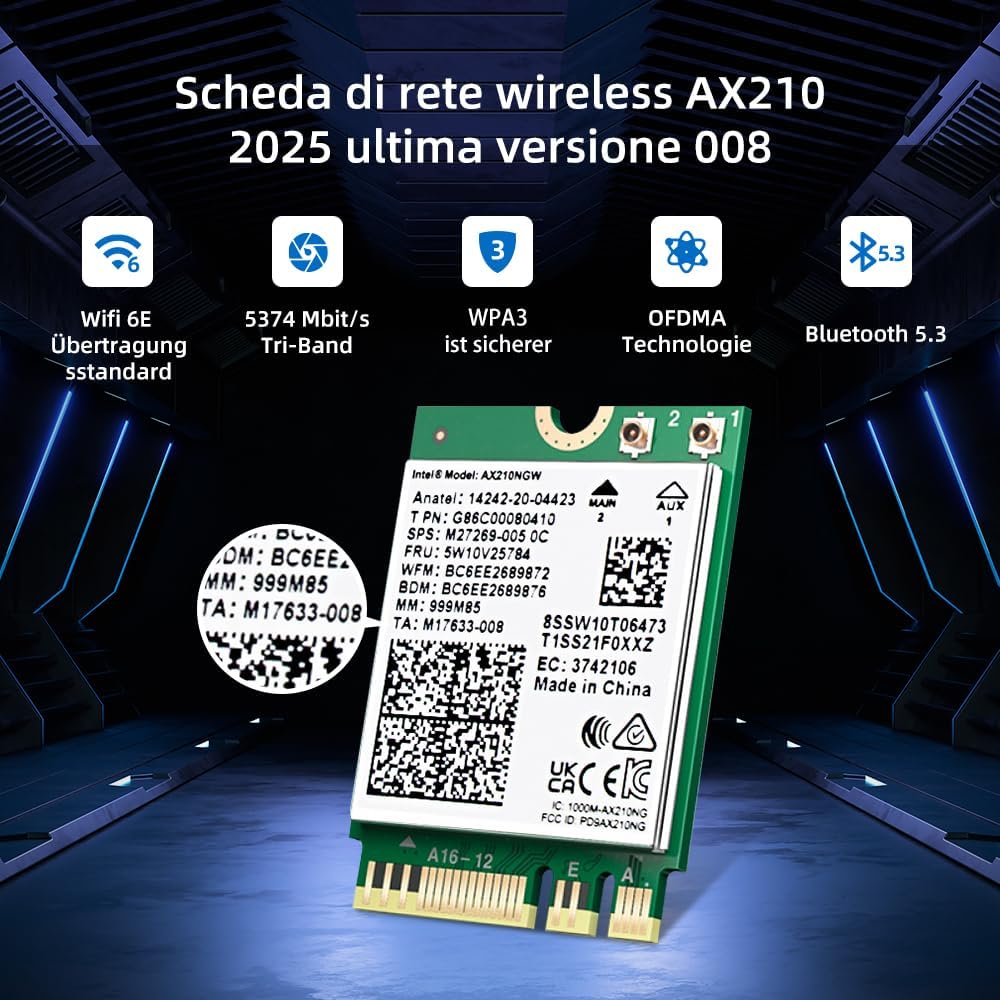 AX210 M.2 WiFi Card with Bluetooth 5.3, 6E 2X2 MU-MIMO 5400Mbps WiFi Wireless Network Module, MIMO Laptop WiFi Card 802.11AX NGFF Interface with Tri-Band Support Windows10/11 64 Bit