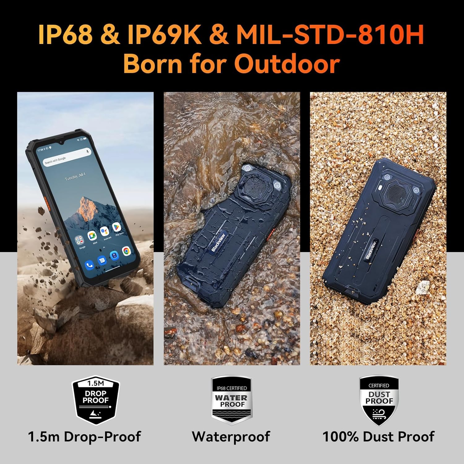 Blackview Rugged Smartphone Unlocked, 2023 BV6200 Rugged Phones, 13000mAh Battery 18W Fast Charge, Android 13, 8GB+64GB/2TB Expand, Waterproof Mobile Phones, Three Card Slots, 6.56" Display, T-Mobile