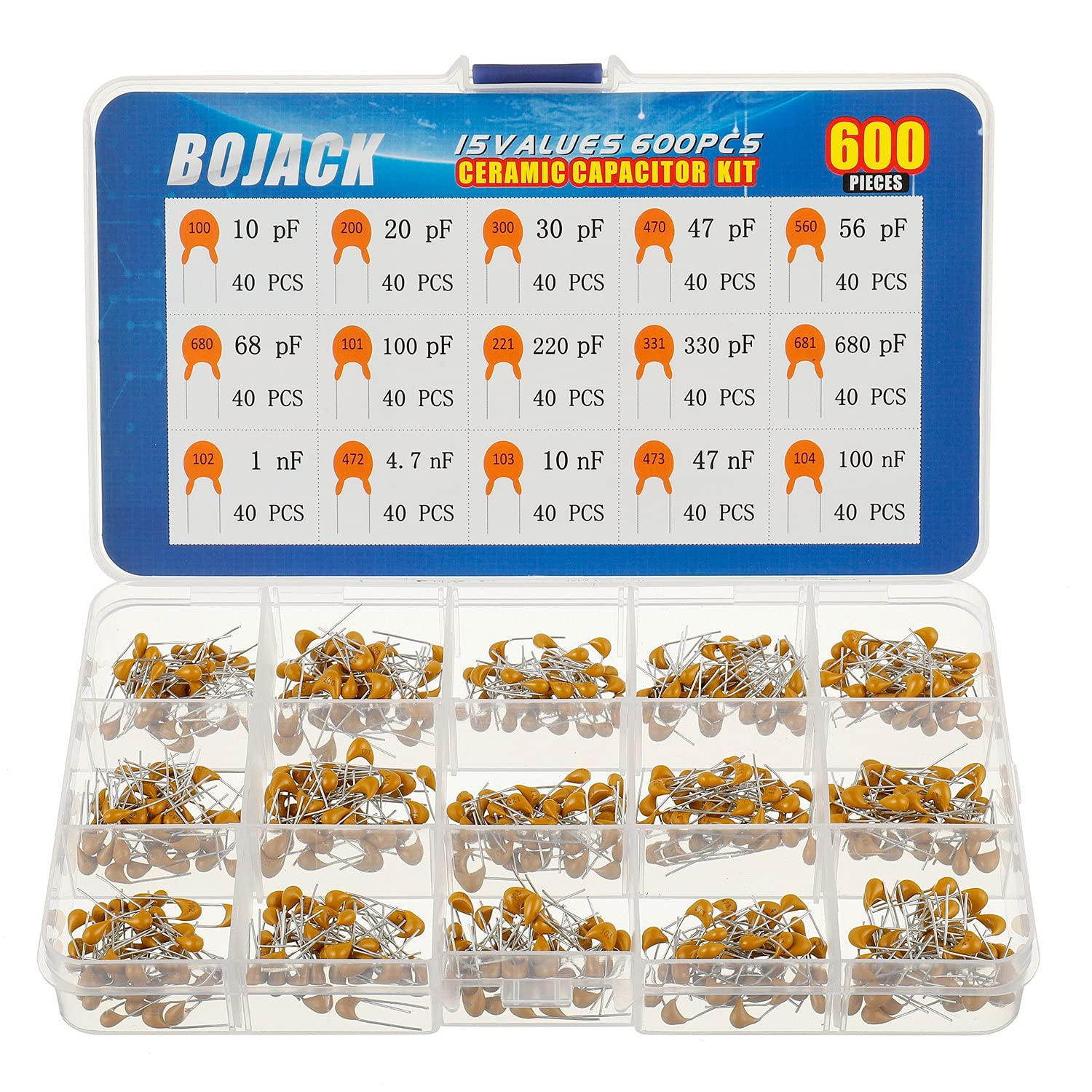 BOJACK 600pcs Assorted Electrical Ceramic Capacitor Kit 15 Types 10pf to 100nF Case Included
