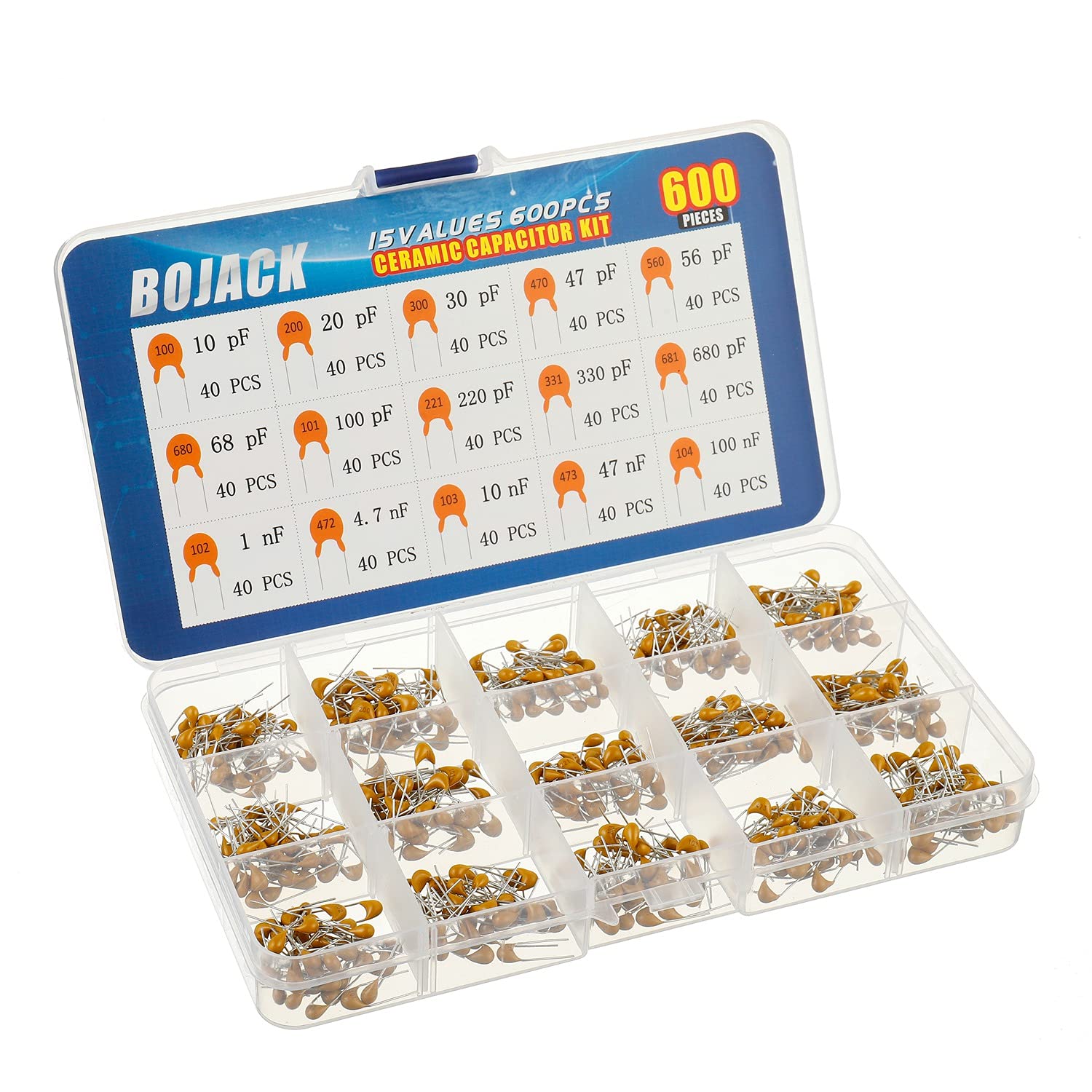 BOJACK 600pcs Assorted Electrical Ceramic Capacitor Kit 15 Types 10pf to 100nF Case Included