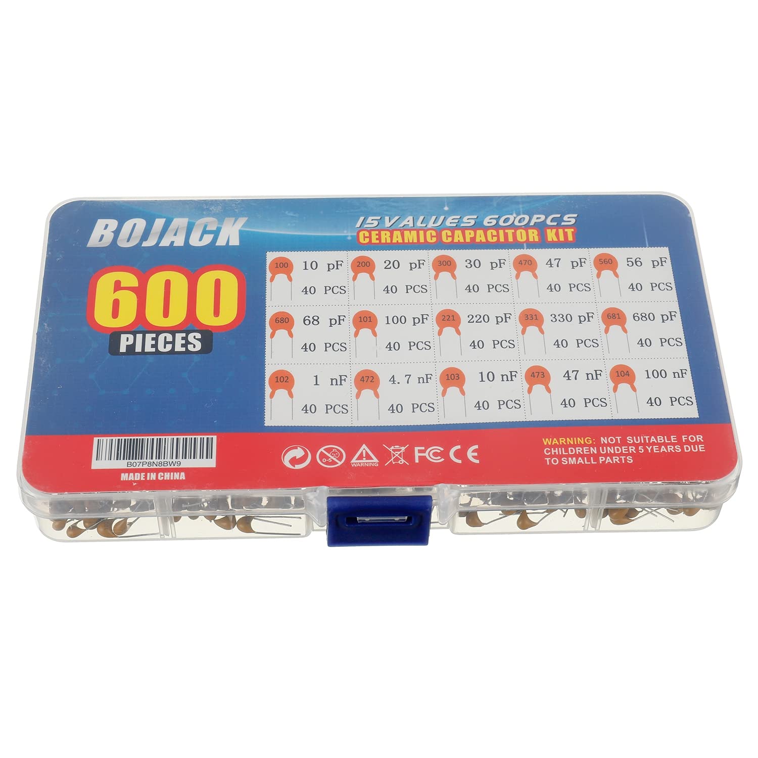 BOJACK 600pcs Assorted Electrical Ceramic Capacitor Kit 15 Types 10pf to 100nF Case Included