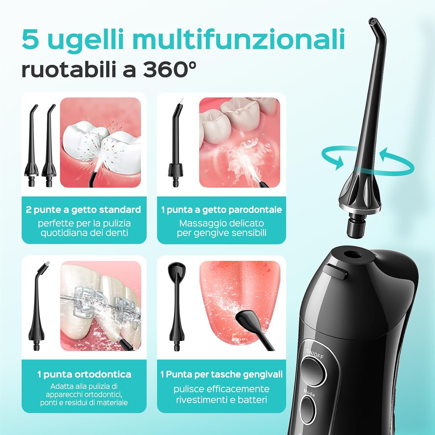 COSLUS Portable Cordless Dental Water Flosser, 300 ML Rechargeable Water Flosser Irrigator Foppio Flow Waterproof IPX7 Oral Water Flosser Teeth Cleaning Ideal for Home Travel Light Black Black Gray