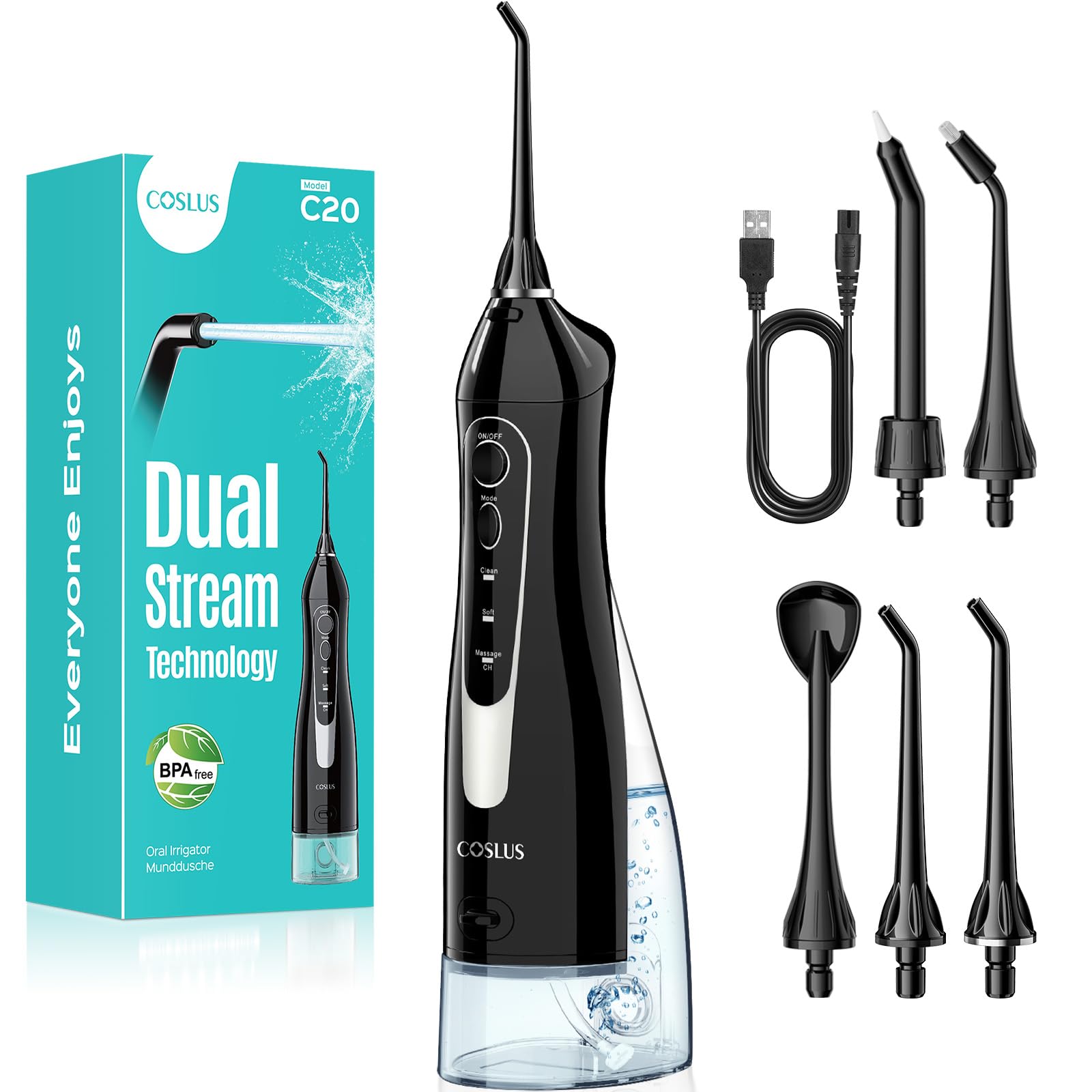 COSLUS Portable Cordless Dental Water Flosser, 300 ML Rechargeable Water Flosser Irrigator Foppio Flow Waterproof IPX7 Oral Water Flosser Teeth Cleaning Ideal for Home Travel Light Black Black Gray