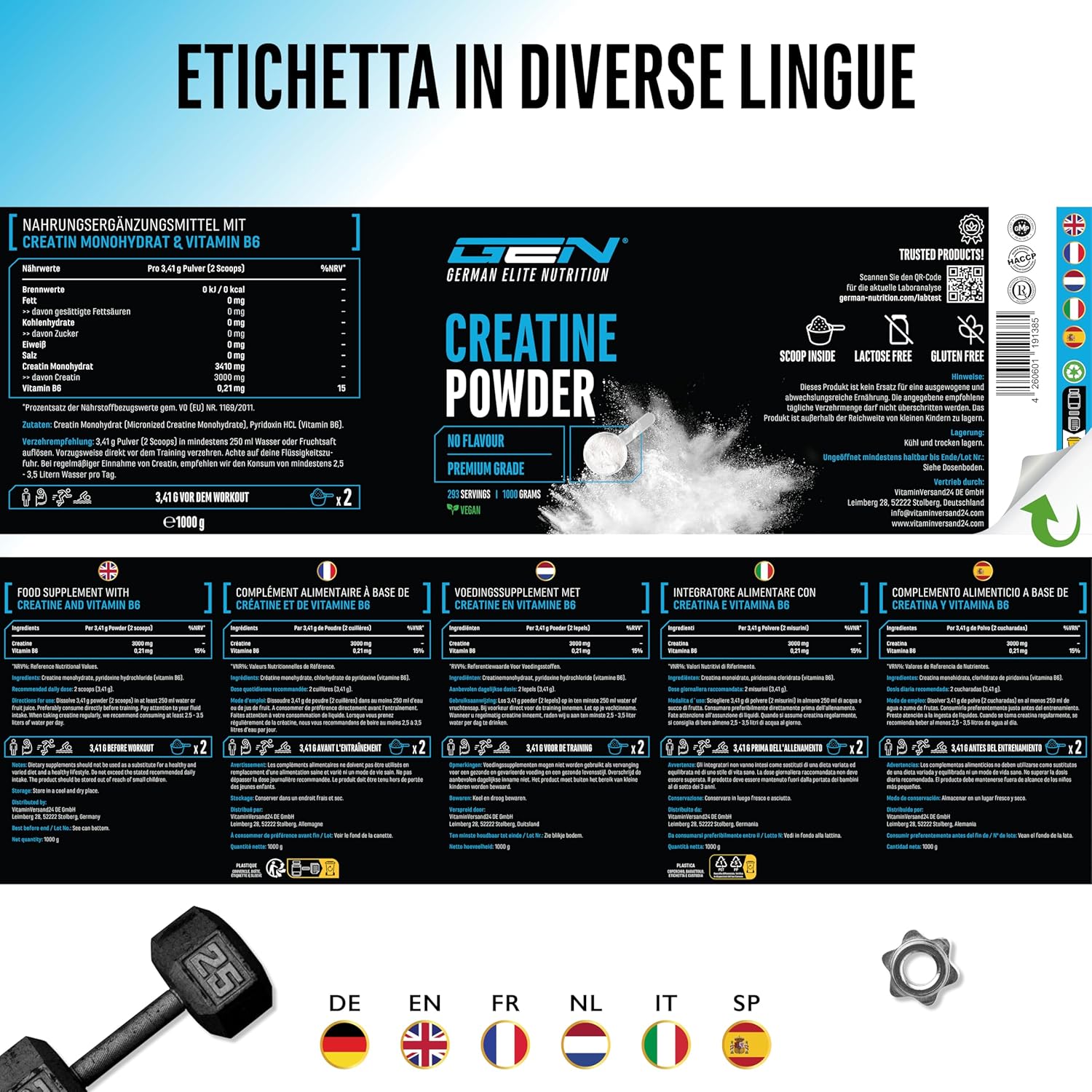 Creatine powder - 1kg / 1000 g - Creatine monohydrate powder - Optimal and microfine solubility - Vegan - 293 applications - Tested quality