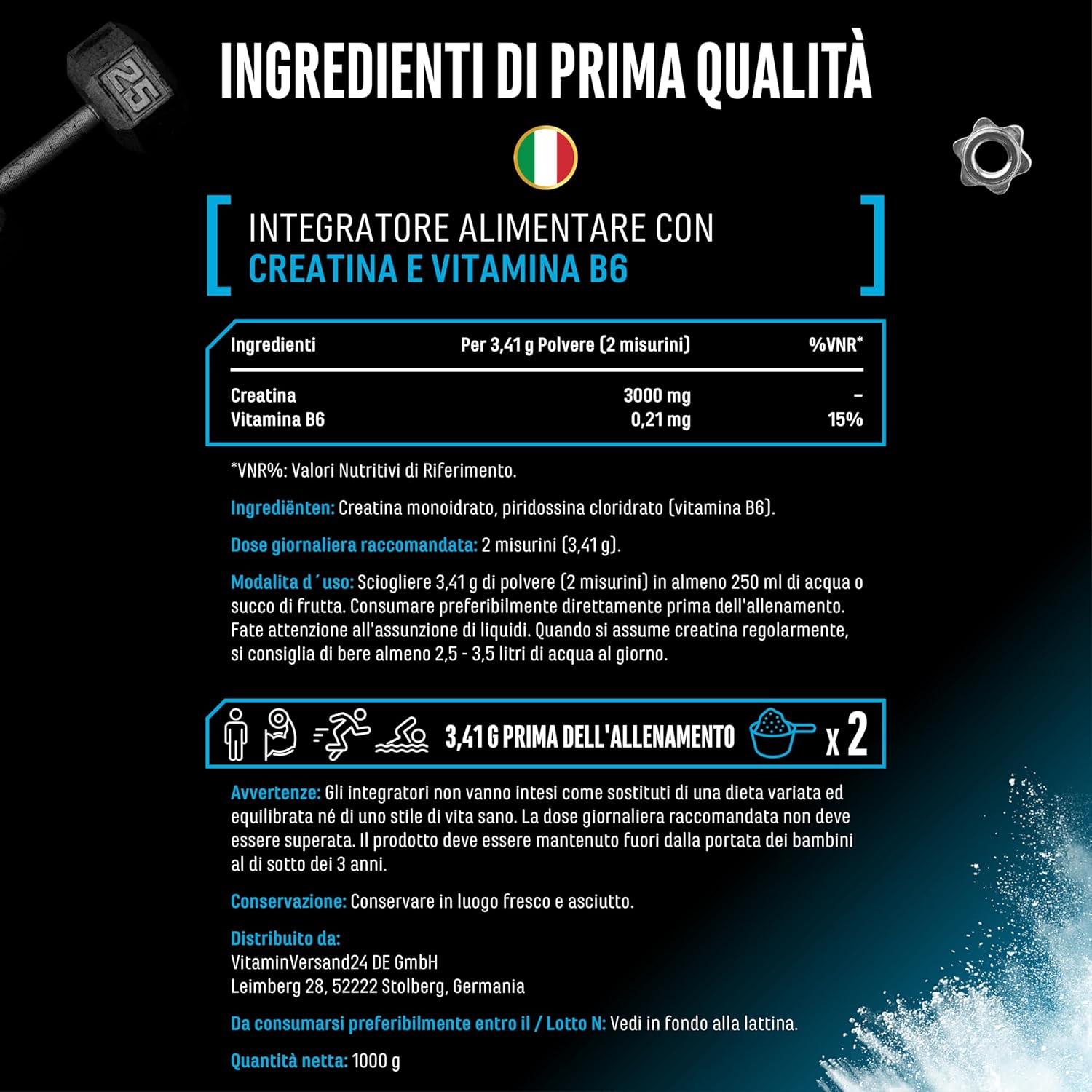 Creatine powder - 1kg / 1000 g - Creatine monohydrate powder - Optimal and microfine solubility - Vegan - 293 applications - Tested quality