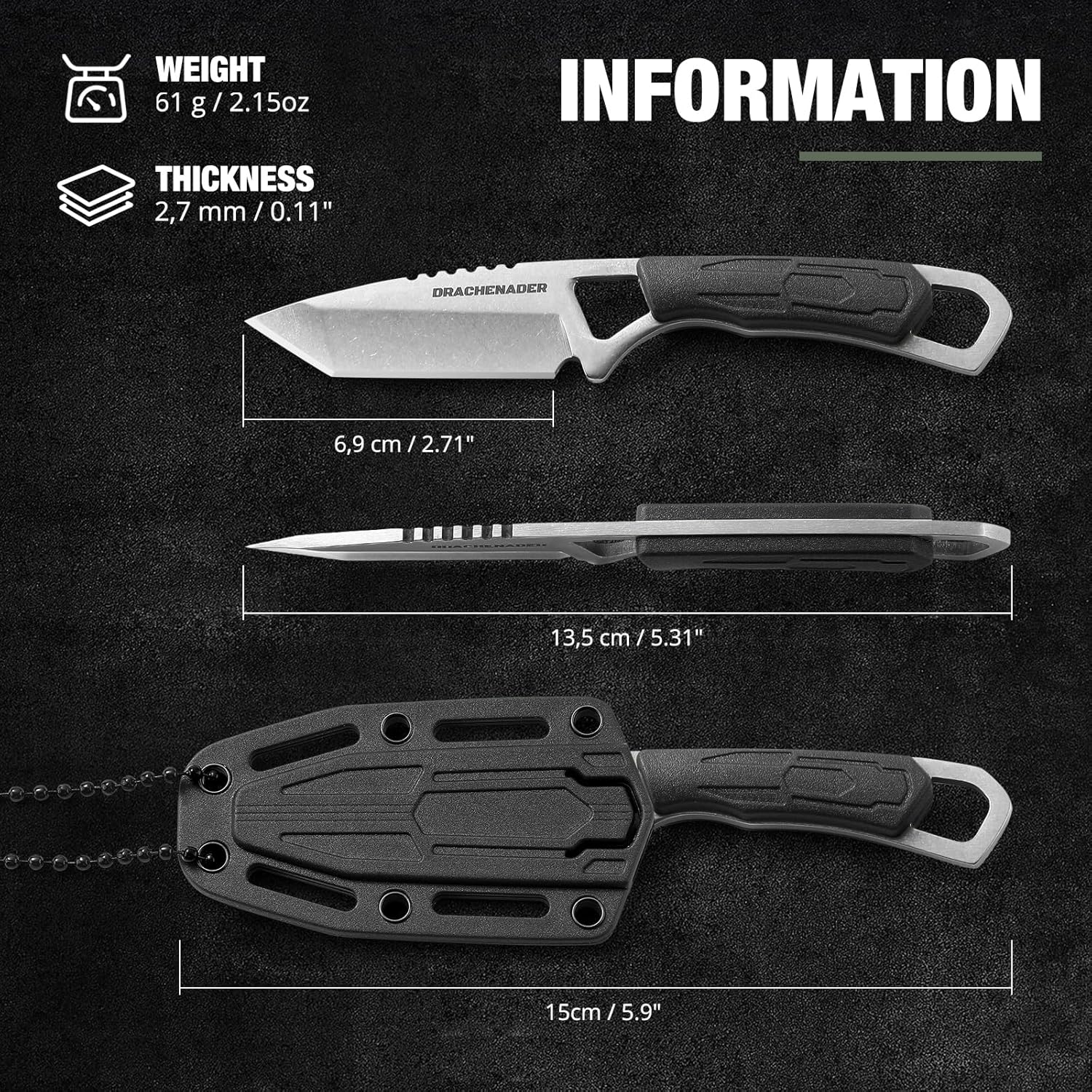 DRACHENADER Fixed Tanto Neck Knife Small Fulltang Outdoor Mini Knife with Plastic Sheath