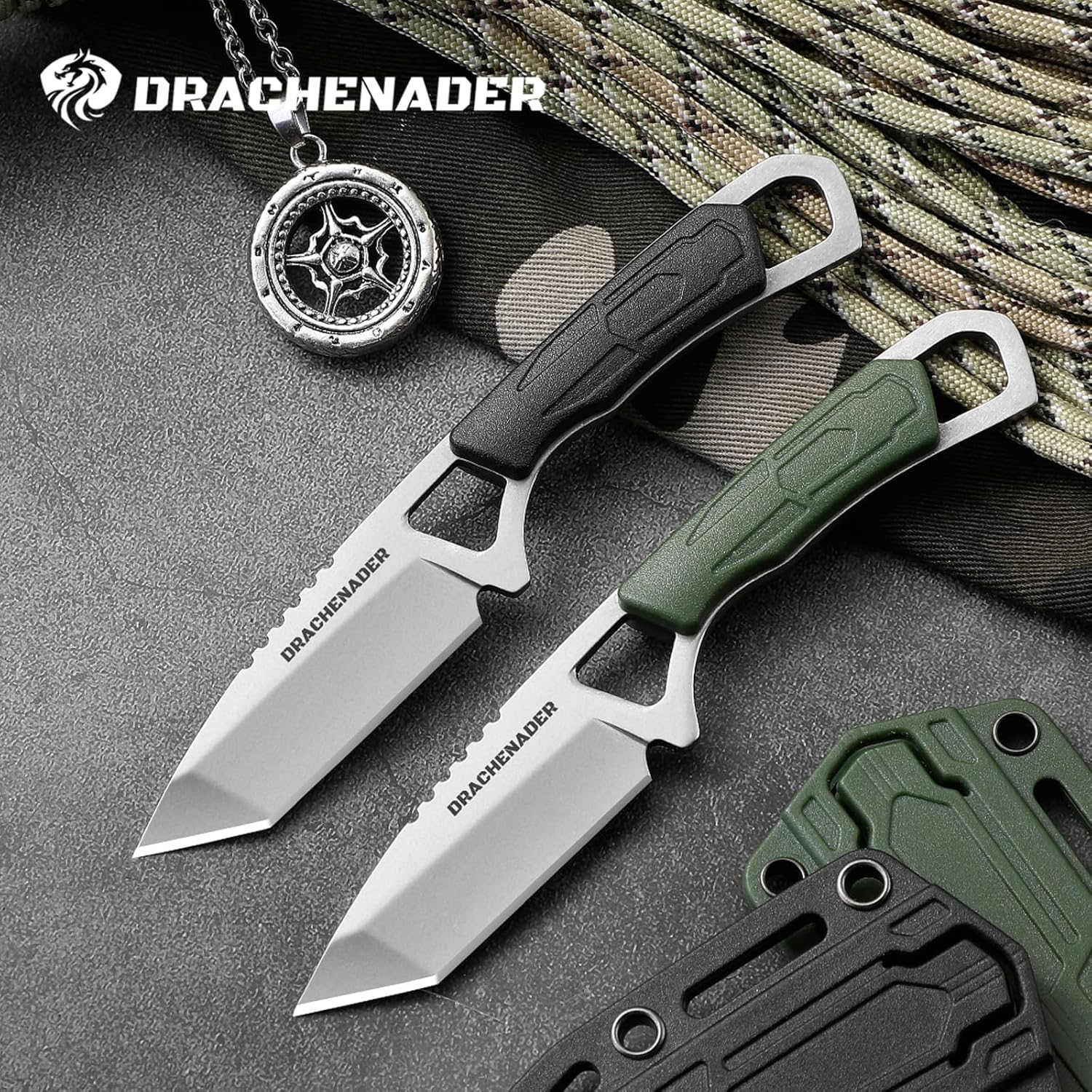 DRACHENADER Fixed Tanto Neck Knife Small Fulltang Outdoor Mini Knife with Plastic Sheath