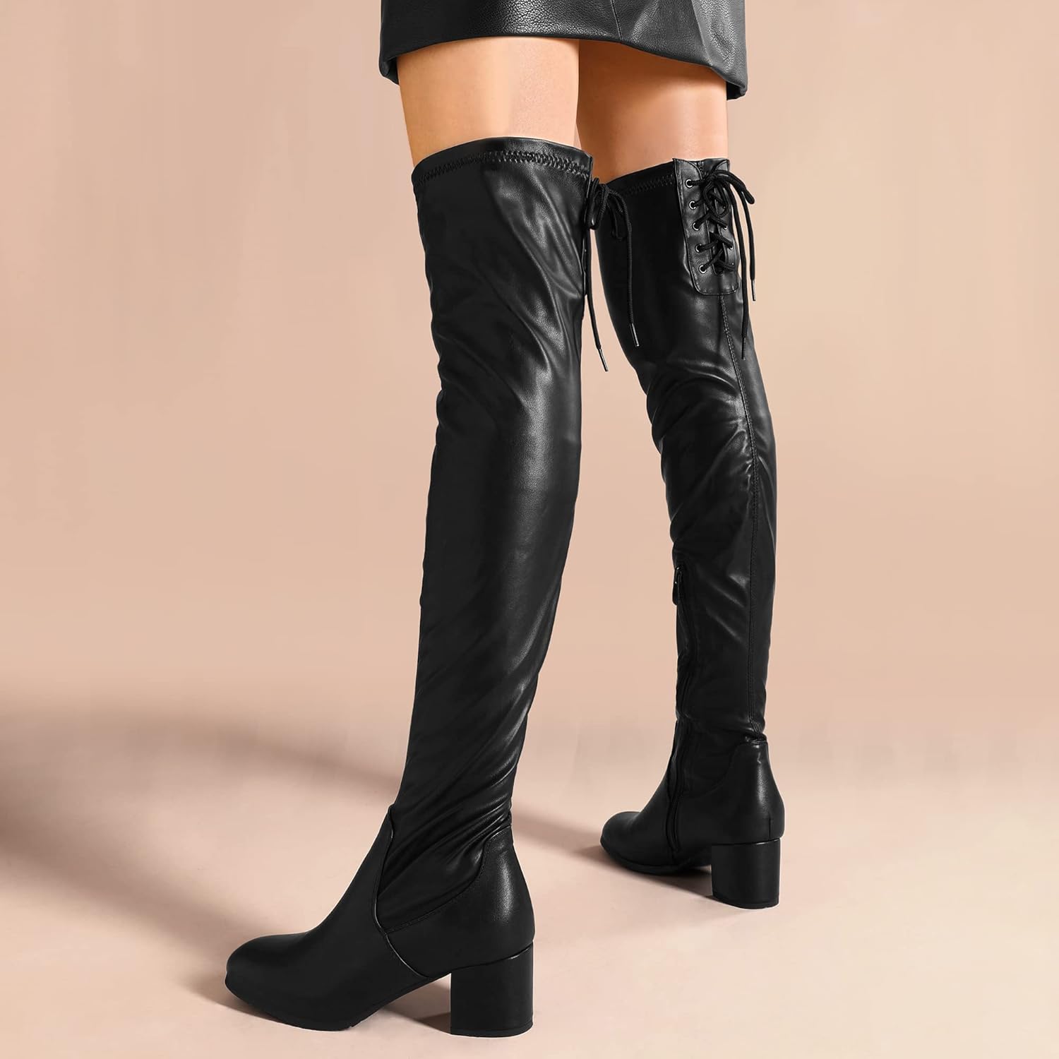 DREAM PAIRS Women's Over The Knee Boots with Long Shank in Suede Warm Knee High with Block Heel 38 EU Black Pu