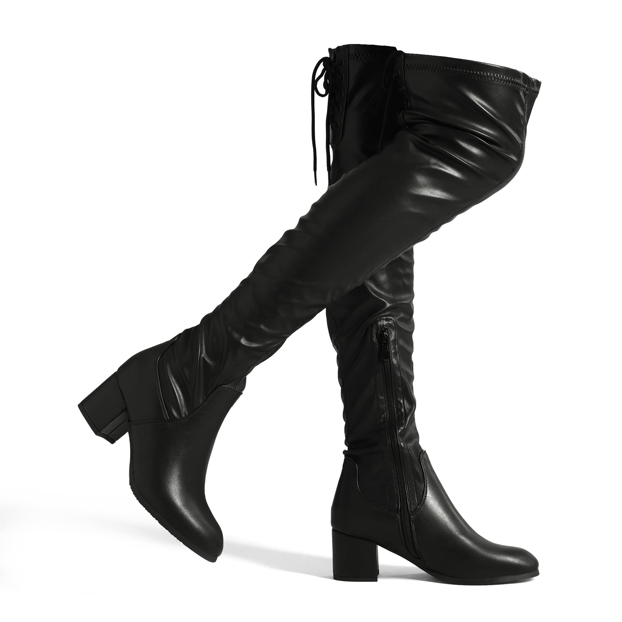 DREAM PAIRS Women's Over The Knee Boots with Long Shank in Suede Warm Knee High with Block Heel 38 EU Black Pu