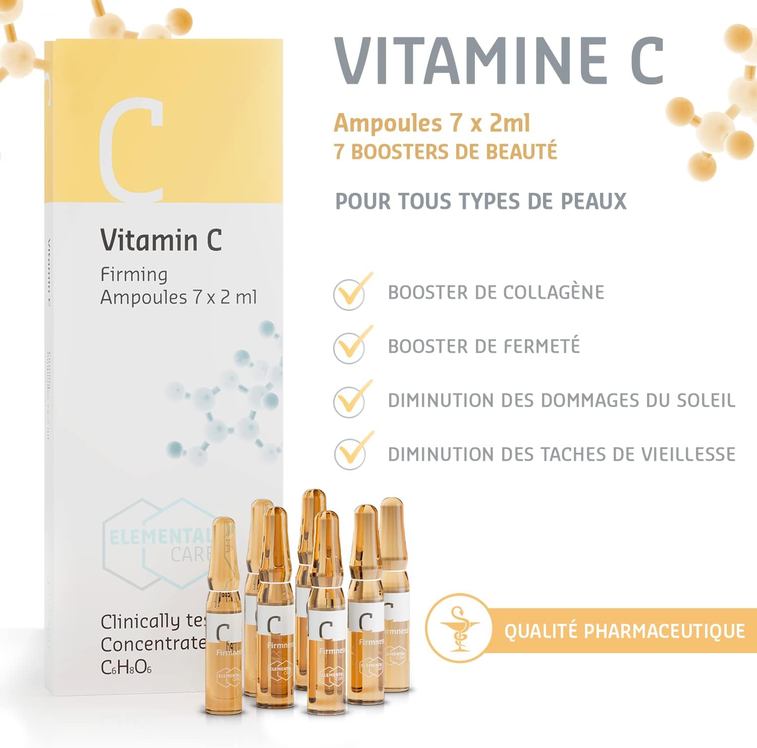 Elemental Care Vitamin C Serum Vials 7x2ml – Natural Facial Ampoules with Vitamin C, Moisturizing and Illuminating – Daily Skincare Routine, For Bright and Well-Careed Skin Vitamin C Serum Vials 7x2ml