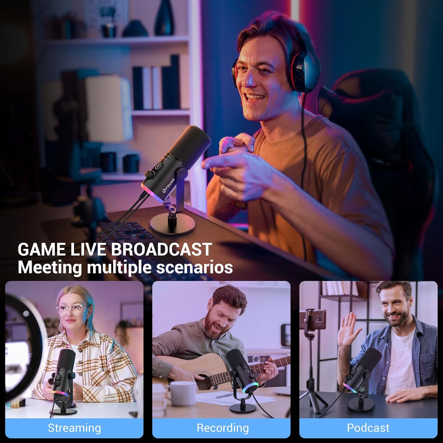 FDUCE USB/XLR Gaming Microphone Kit, Dynamic PC Microphone for Podcasting Streaming, RGB Computer Microphone Kit with Desktop Stand, Mute Button and Headphone Jack, for Recording D30 with Desktop Stand