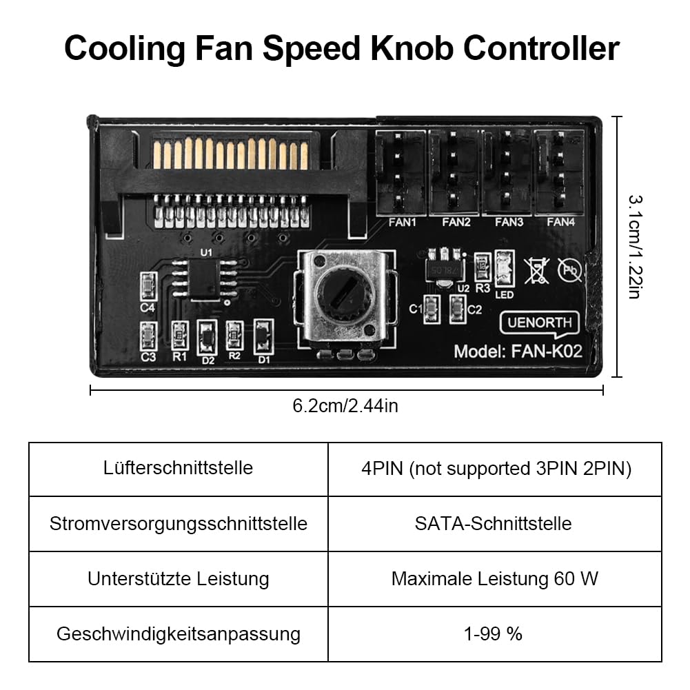 Joycabin Cooling Fan Speed Knob Fan Speed Controller 4 Pin PWM Fan Control 12V PC Chassis Fan Adapter Hub Cooler Blower Speed Controller SATA Interface