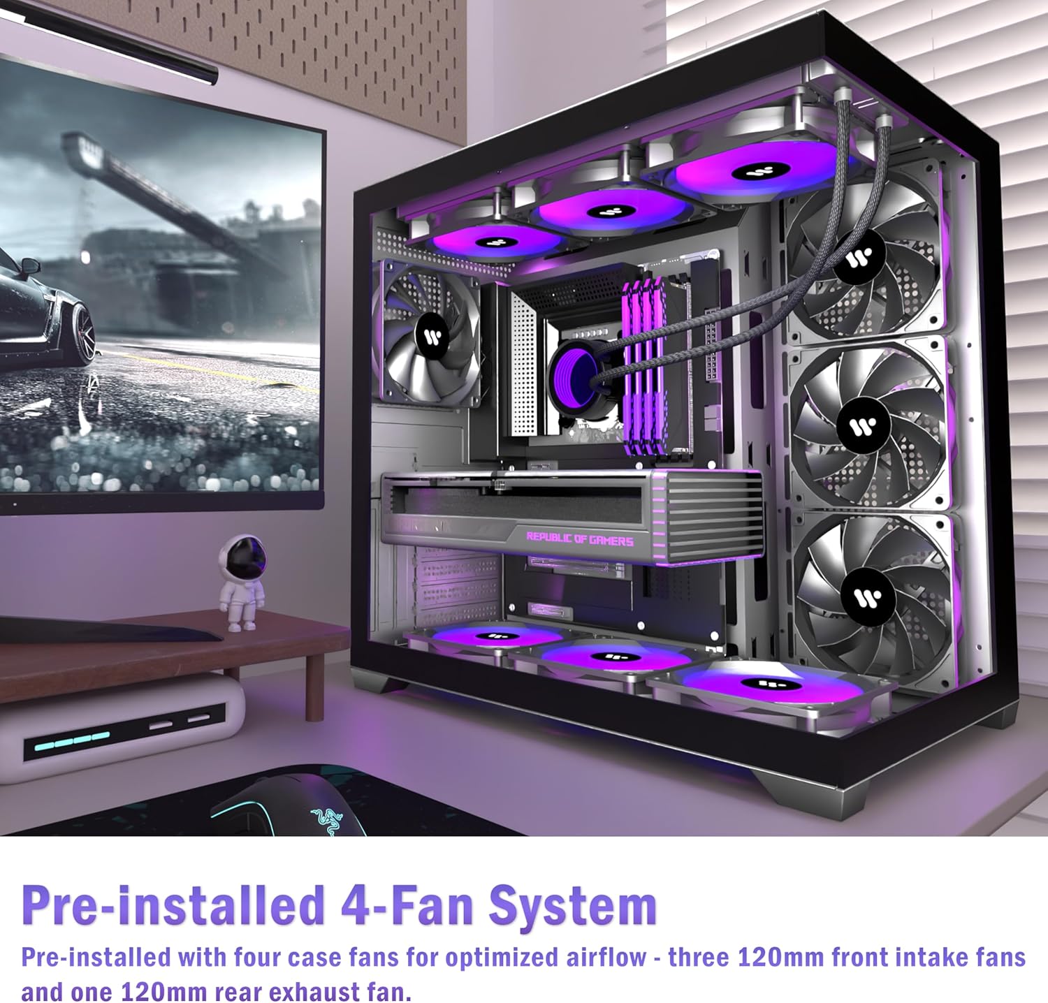 KEDIERS PC CASE ATX 4 Fans Pre-Installed, Type-C Mid Tower Computer Case with Full-View Dual Tempered Glass, Gaming PC Case,Black,K4 K4 black