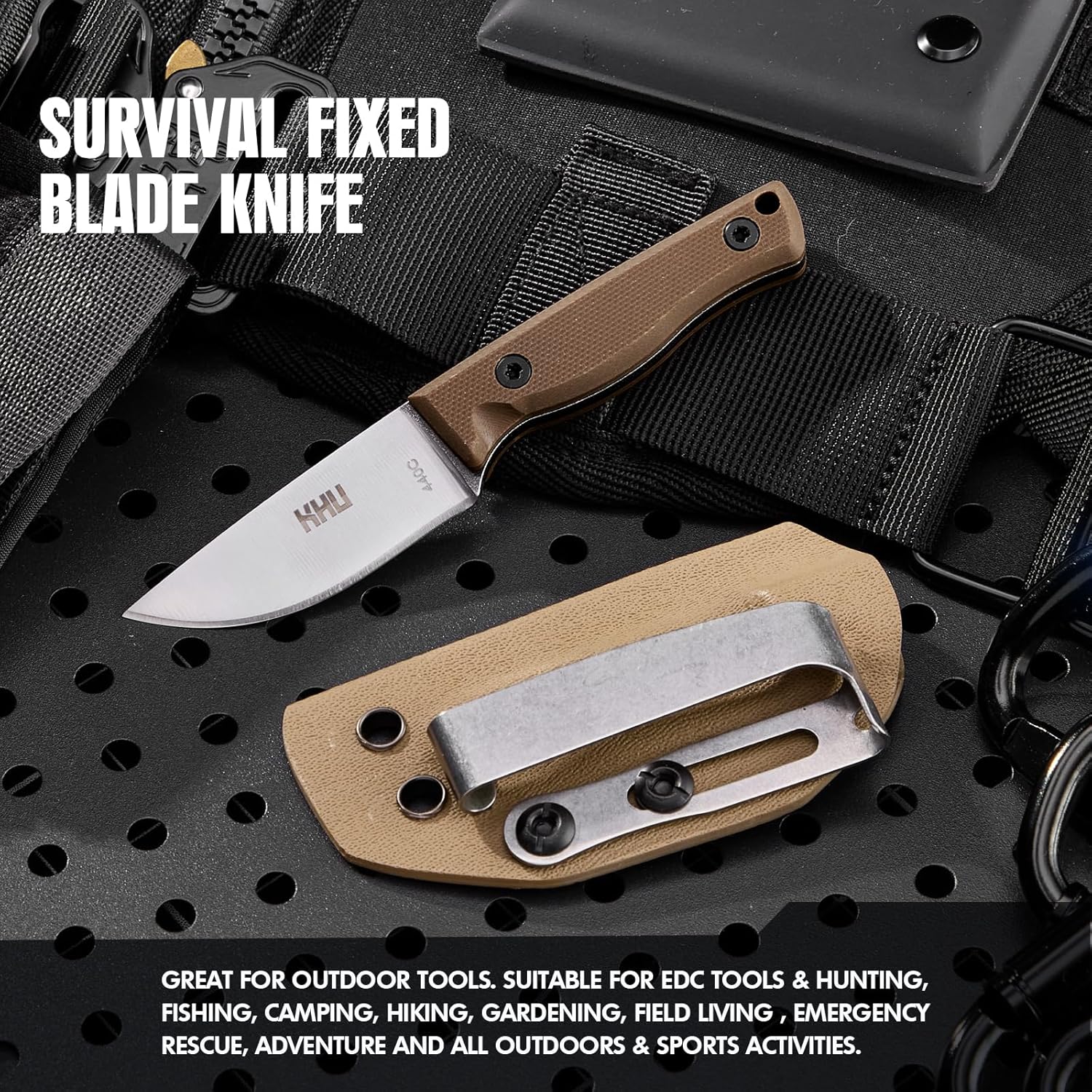 KHU Mini Fixed Blade Knife EDC Hunting Knife Survival Knife Bushcraft Knife 440C Steel G10 Handle, Outdoor Hunting Camping Accessories With Kydex Sheath - 26A 440C Steel - 26A