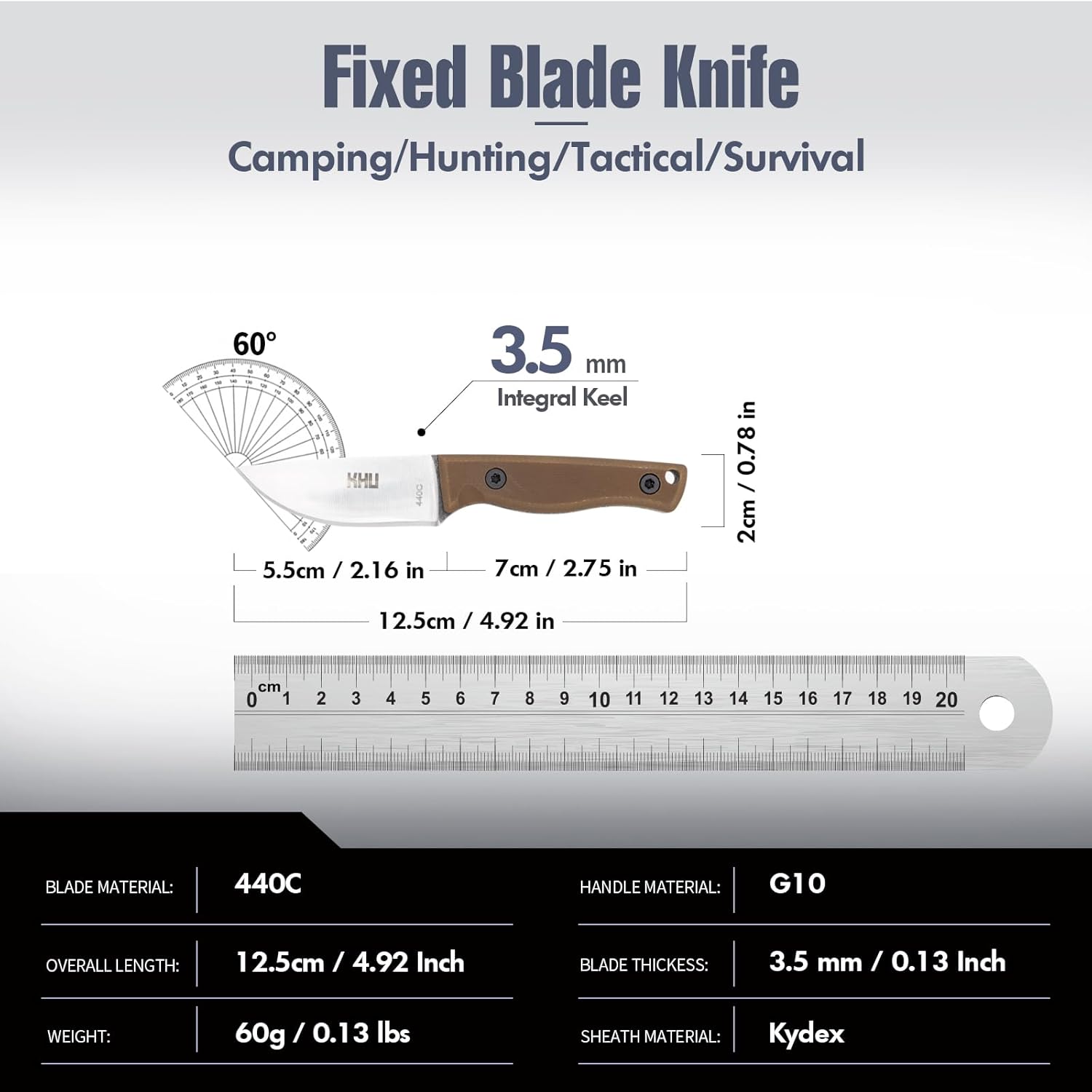 KHU Mini Fixed Blade Knife EDC Hunting Knife Survival Knife Bushcraft Knife 440C Steel G10 Handle, Outdoor Hunting Camping Accessories With Kydex Sheath - 26A 440C Steel - 26A