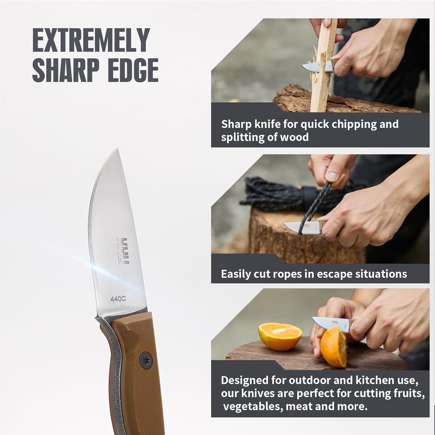 KHU Mini Fixed Blade Knife EDC Hunting Knife Survival Knife Bushcraft Knife 440C Steel G10 Handle, Outdoor Hunting Camping Accessories With Kydex Sheath - 26A 440C Steel - 26A