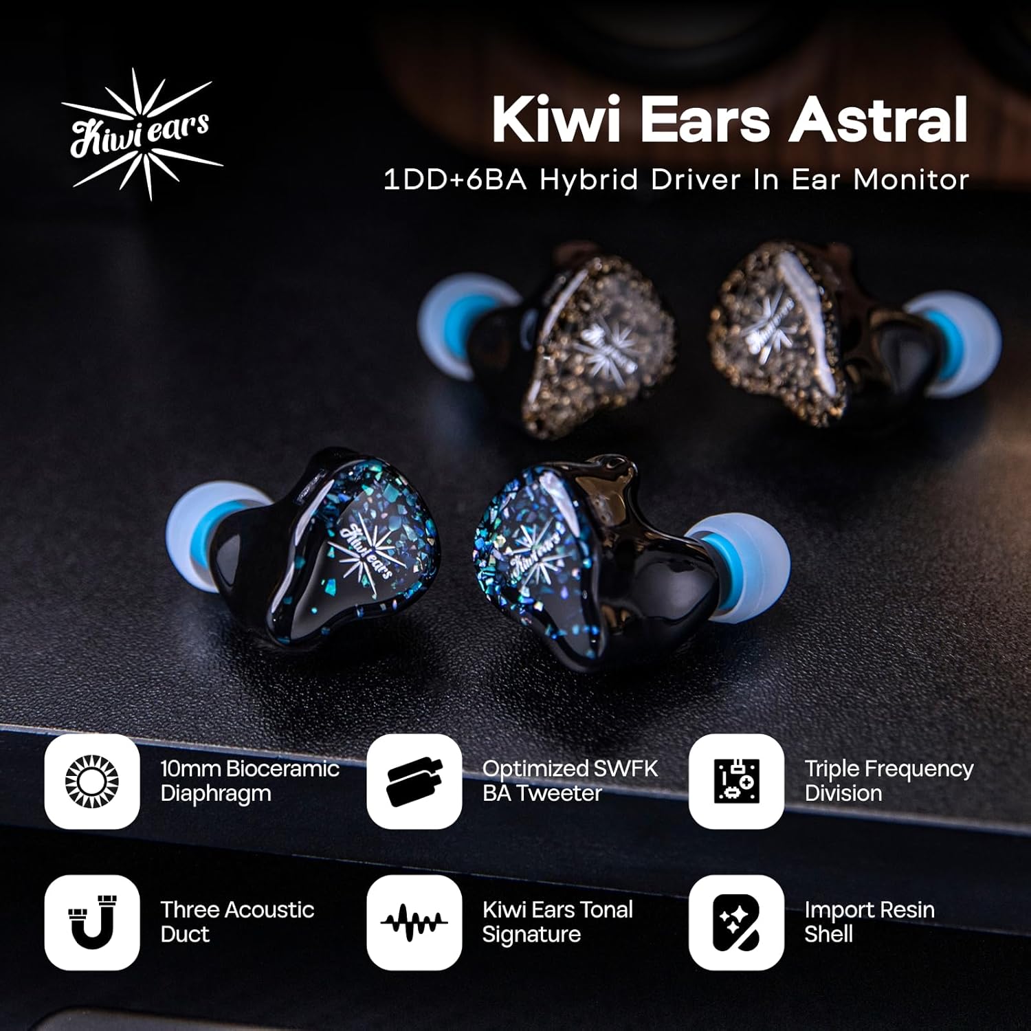 Linsoul Kiwi Ears Astral 1DD+6BA In Ear Hybrid Monitor, Wired Headphones, HiFi Earphones for Recording Studio, Portable IEM for Gaming, Professional Audiophile Music Engineers (Blue)