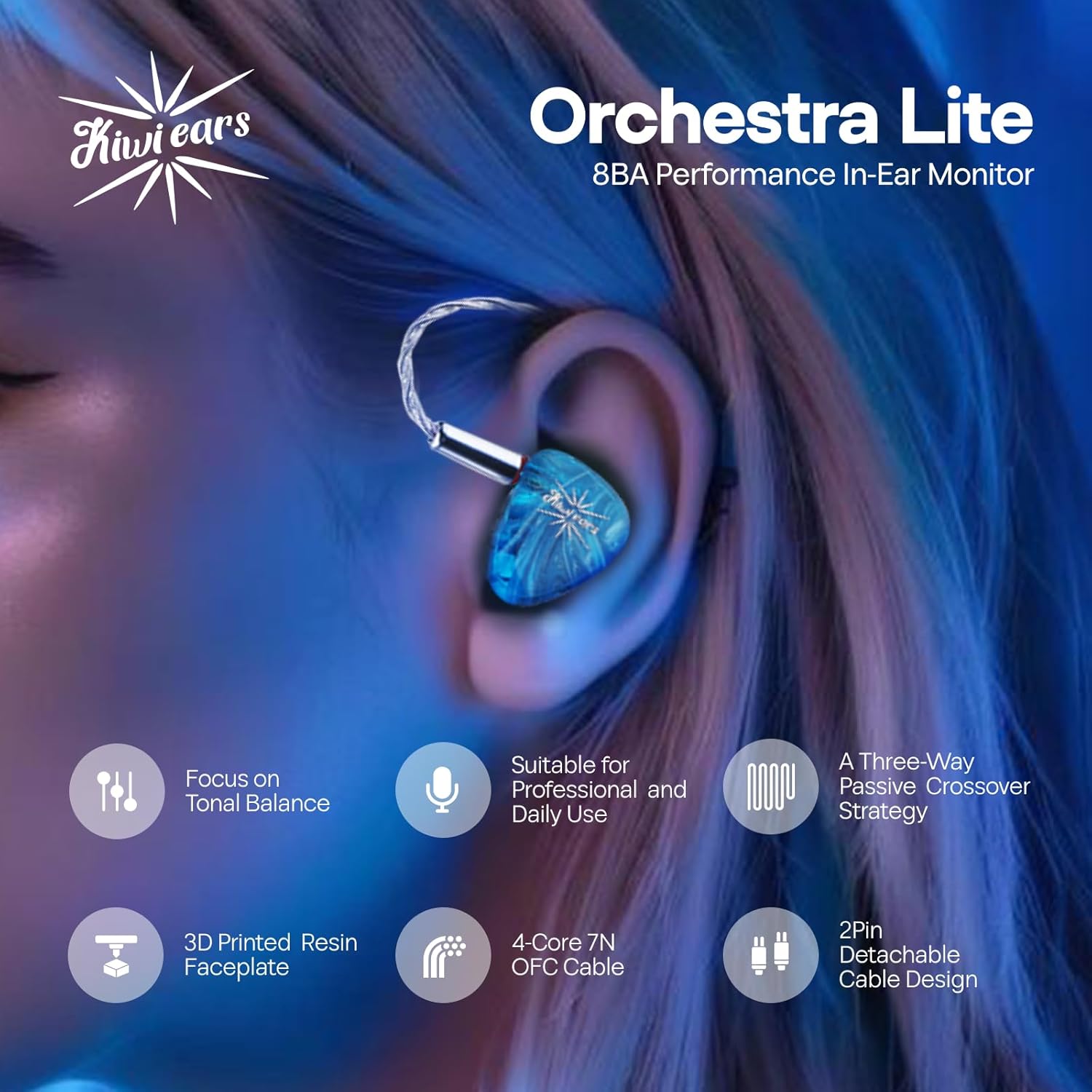 Linsoul Kiwi Ears Orchestra Lite Performance Custom 8ba In-Ear Monitor with detachable cable 4Core 7N in oxygen copper, artisan frontier for study audiophile musician (blue)