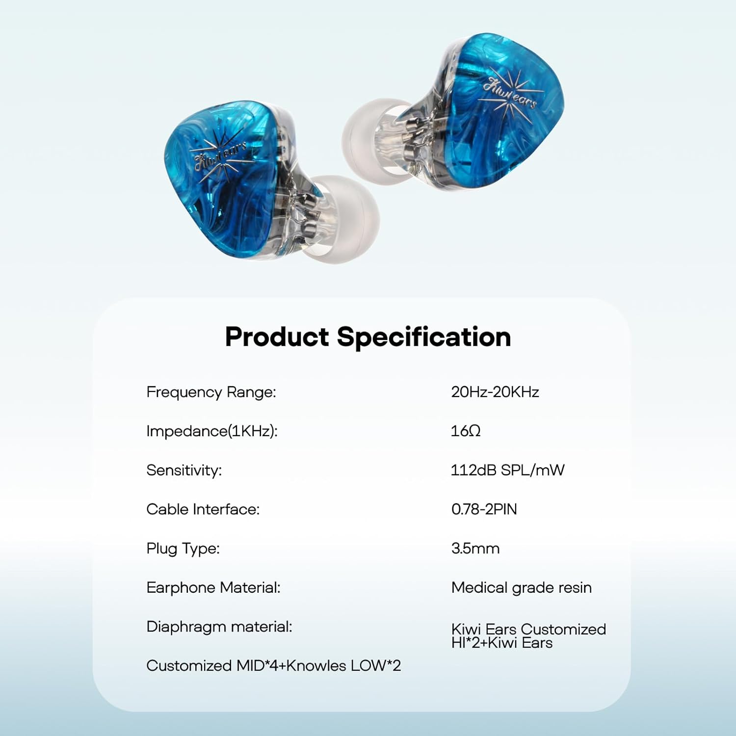 Linsoul Kiwi Ears Orchestra Lite Performance Custom 8BA in-Ear Monitor with Detachable Cable 4core 7N OFC Copper Oxygen-Free, Handcrafted Faceplate for Studio Audiophile Musician(Blue)