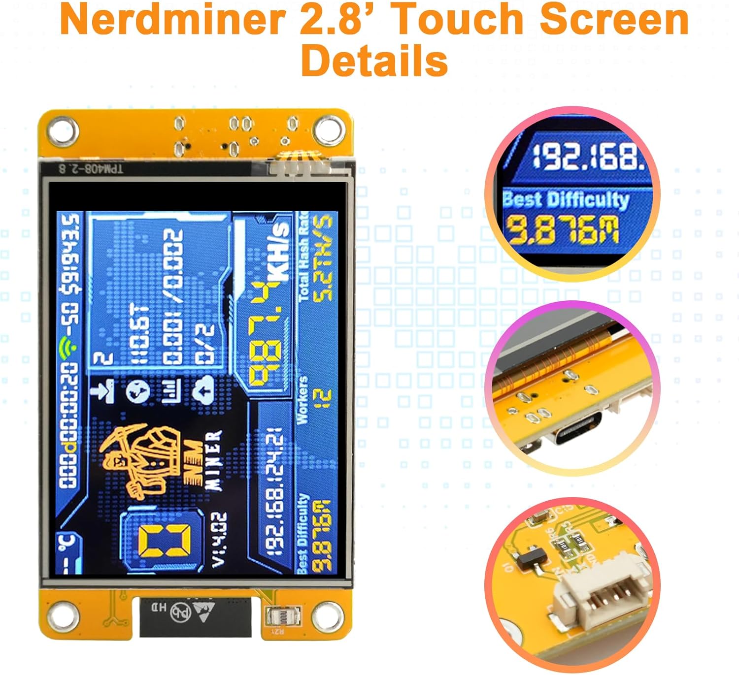 Nerdminer V2 Bitcoin Miner Ruizhi 410kh/s Nerdminer V2 Mining Bitcoin ESP32 ESP-HROOM-32 Display with Bitcoin Miner BTC Solo Lottery Miner Crypto Only Miner's Lottery Compatible with Nerd Miner