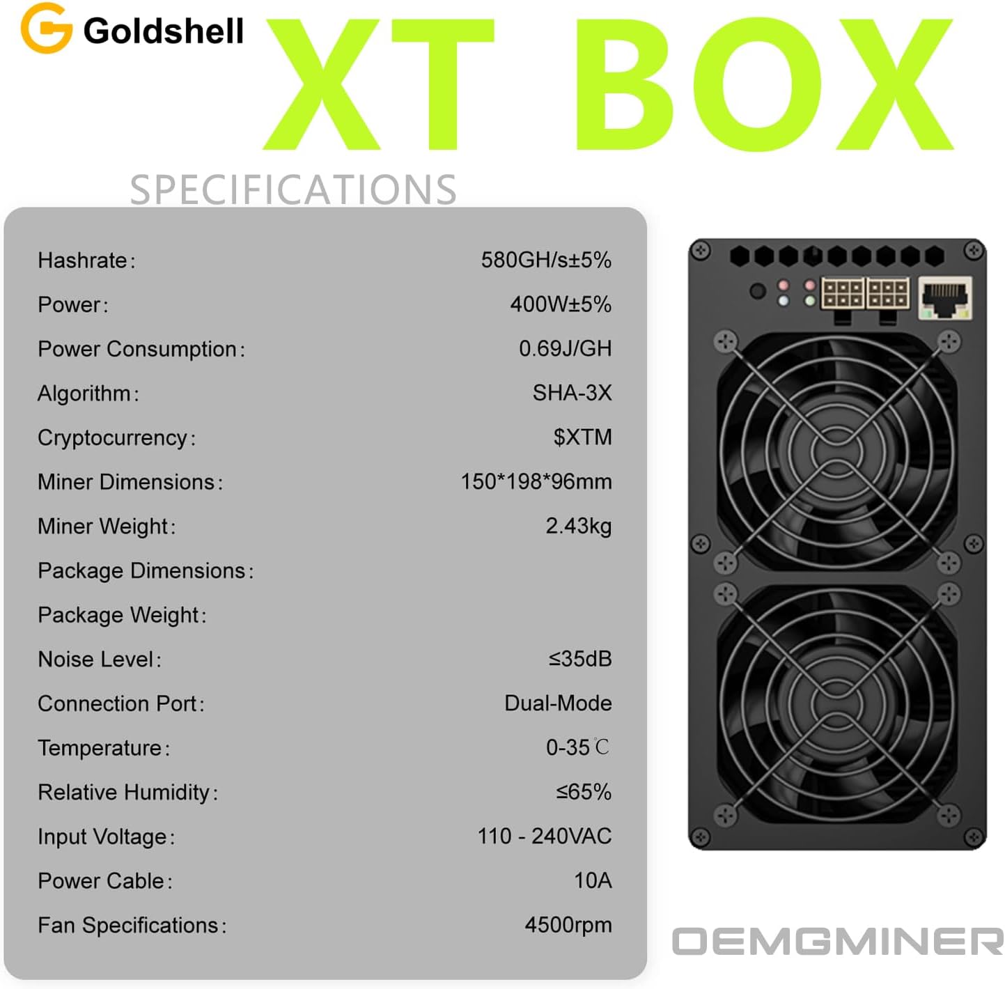 New Miner Asic Goldshell XT Box 580GH/S 400w for Tari (XTM) Coin Sha3x Algorithm 0.69J/GH Home Mining Cryptograph Machine