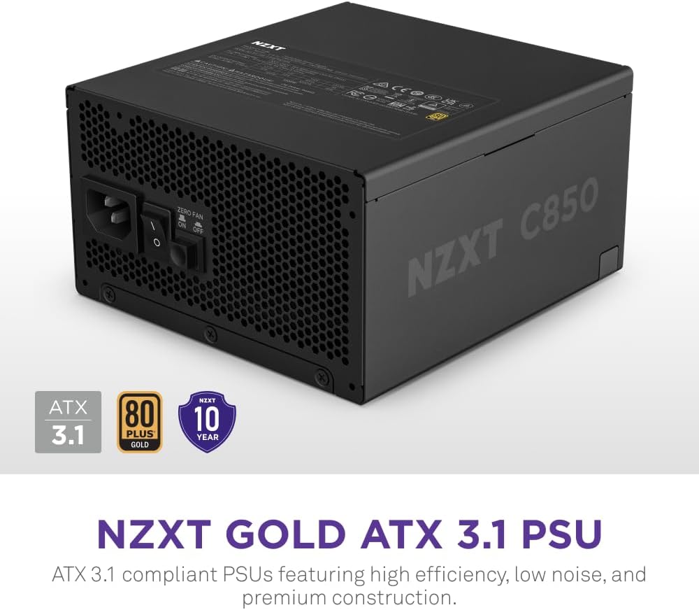 NZXT C850 Gold ATX 3.1 - Fully Modular Low-Noise PC Gaming Power Supply - 850 Watts - 80 Plus Gold - 12V-2x6 Connector - Zero Fan Mode - 100% Japanese Capacitors - Black Black 850W Gold C Series ATX 3.1