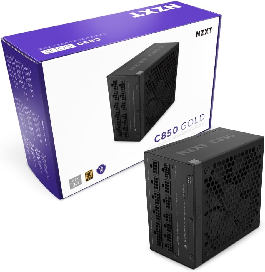 NZXT C850 Gold ATX 3.1 - Fully Modular Low-Noise PC Gaming Power Supply - 850 Watts - 80 Plus Gold - 12V-2x6 Connector - Zero Fan Mode - 100% Japanese Capacitors - Black Black 850W Gold C Series ATX 3.1