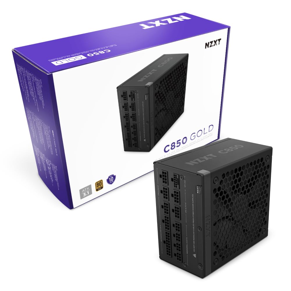 NZXT C850 Gold ATX 3.1 - Fully Modular Low-Noise PC Gaming Power Supply - 850 Watts - 80 Plus Gold - 12V-2x6 Connector - Zero Fan Mode - 100% Japanese Capacitors - Black Black 850W Gold C Series ATX 3.1