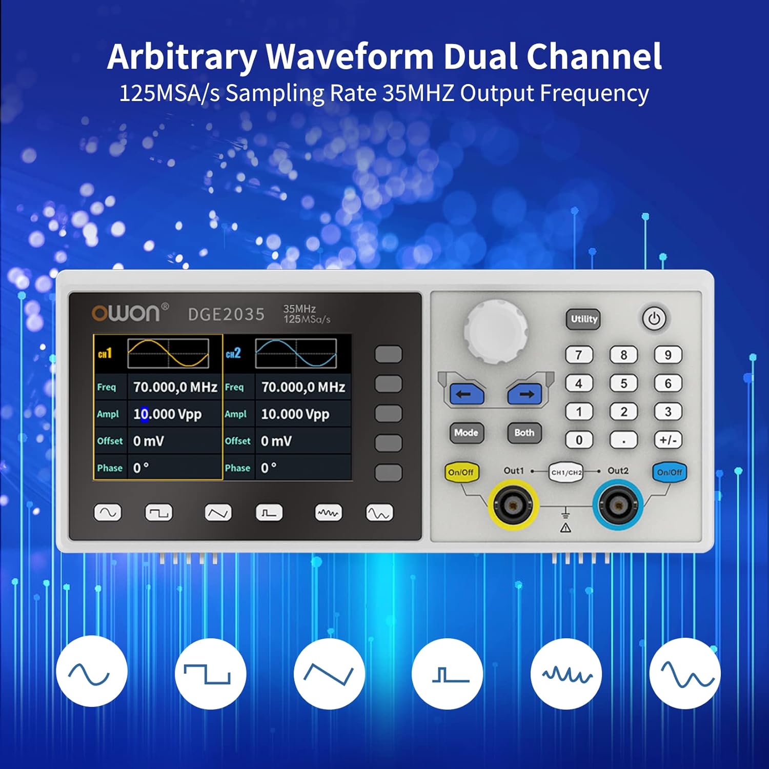 OWON DGE2035 Dual Channel 35MHz Function Generator, Portable Arbitrary Waveform Generator with 3.6 inch LCD Display, OWON-DGE2035 14bit Frequency 125MSa/s Signal Generator
