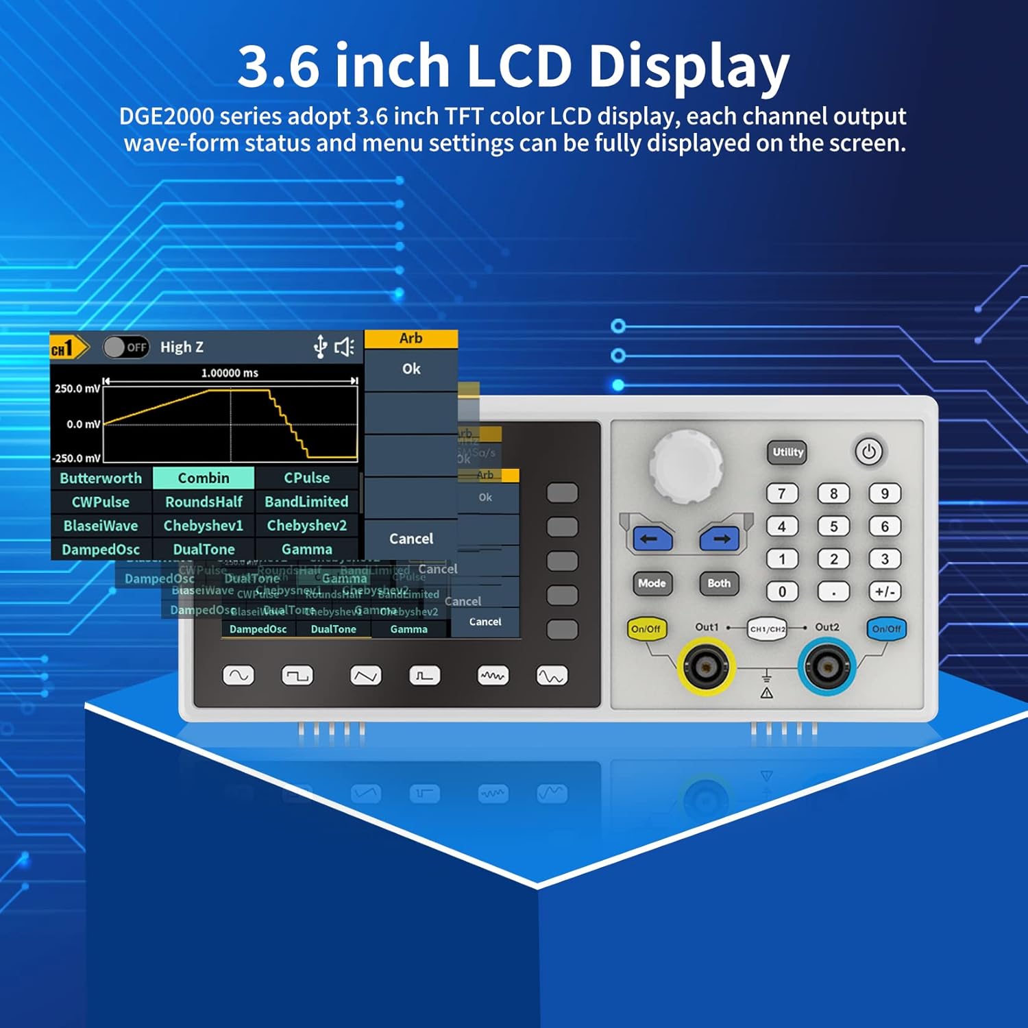 OWON DGE2035 Dual Channel 35MHz Function Generator, Portable Arbitrary Waveform Generator with 3.6 inch LCD Display, OWON-DGE2035 14bit Frequency 125MSa/s Signal Generator