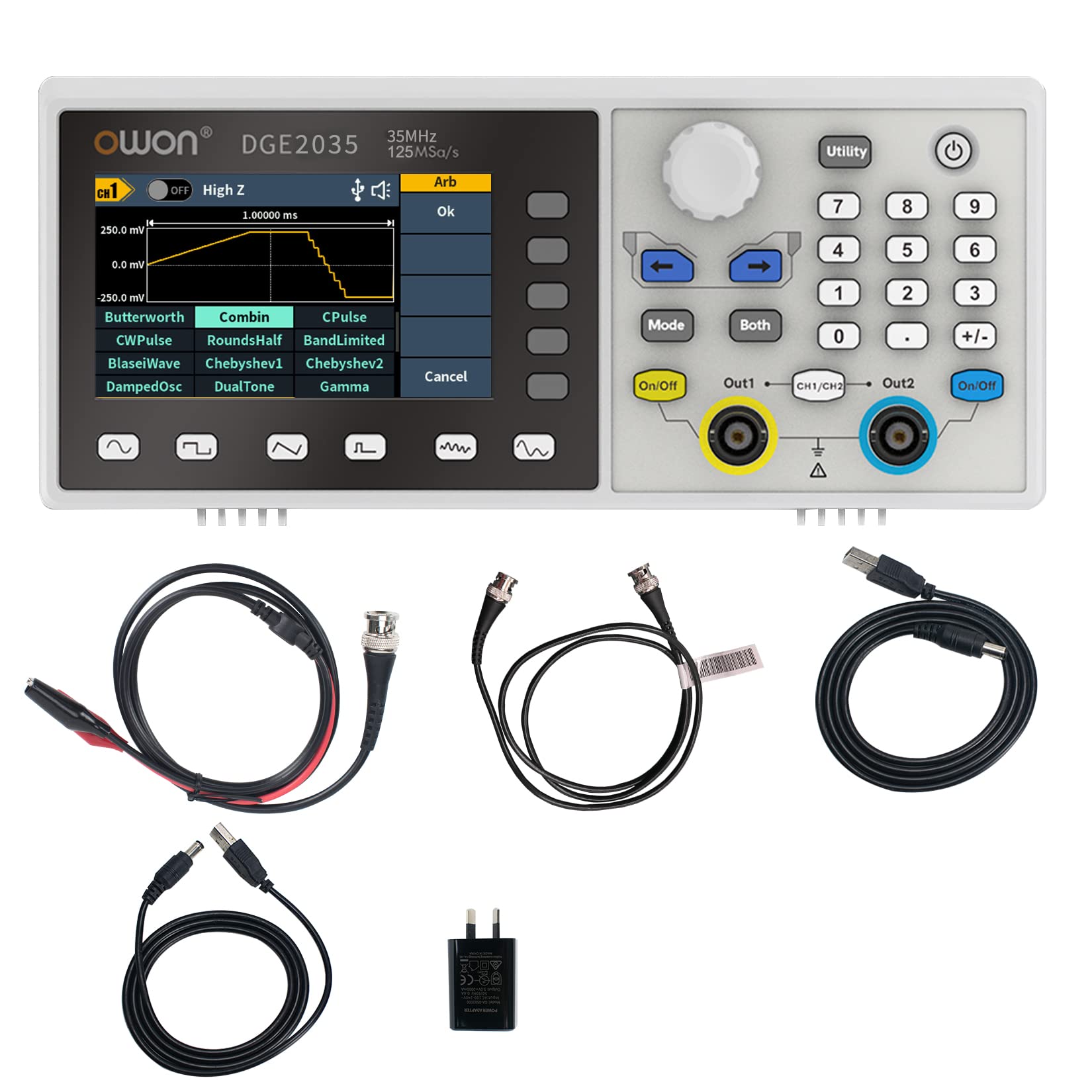 OWON DGE2035 Dual Channel 35MHz Function Generator, Portable Arbitrary Waveform Generator with 3.6 inch LCD Display, OWON-DGE2035 14bit Frequency 125MSa/s Signal Generator