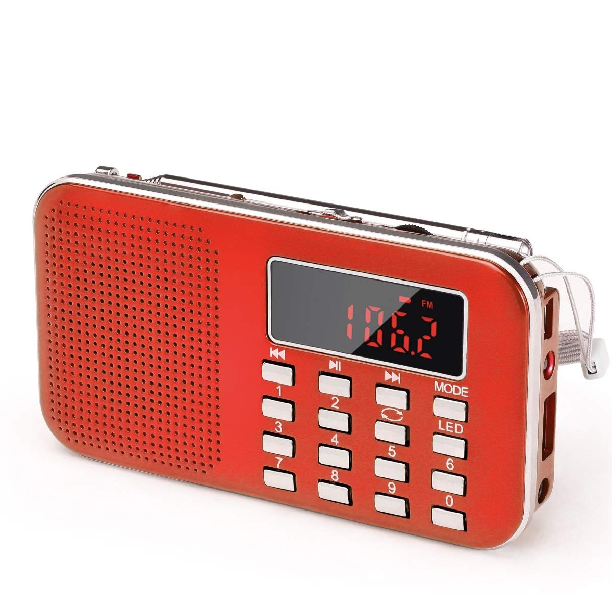 PRUNUS J-908 Rechargeable Portable Radio FM/AM(MW), Portable Digital Radio, MP3 Music Player, Support USB/AUX/TF Card, Addition of Emergency Flashlight (Red)