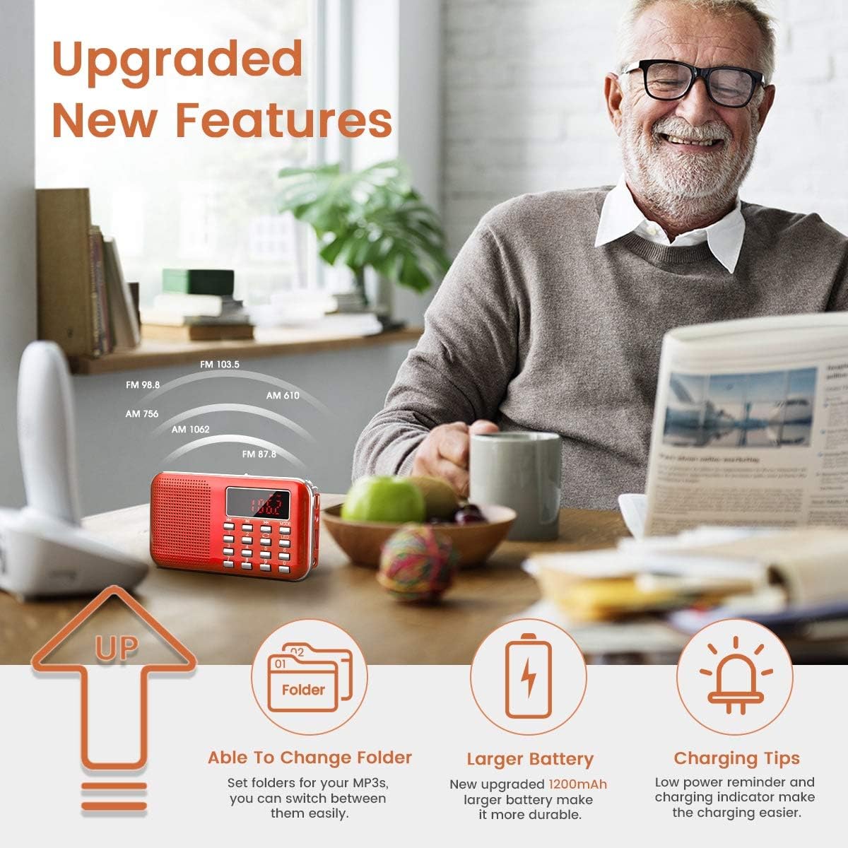 PRUNUS J-908 Rechargeable Portable Radio FM/AM(MW), Portable Digital Radio, MP3 Music Player, Support USB/AUX/TF Card, Addition of Emergency Flashlight (Red)