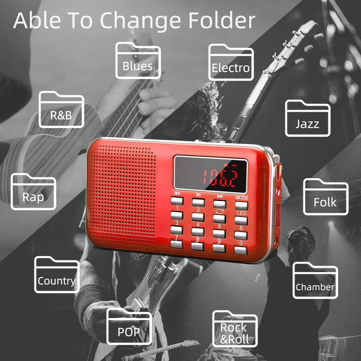 PRUNUS J-908 Rechargeable Portable Radio FM/AM(MW), Portable Digital Radio, MP3 Music Player, Support USB/AUX/TF Card, Addition of Emergency Flashlight (Red)