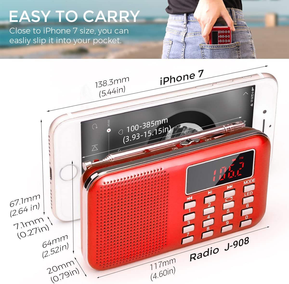 PRUNUS J-908 Rechargeable Portable Radio FM/AM(MW), Portable Digital Radio, MP3 Music Player, Support USB/AUX/TF Card, Addition of Emergency Flashlight (Red)