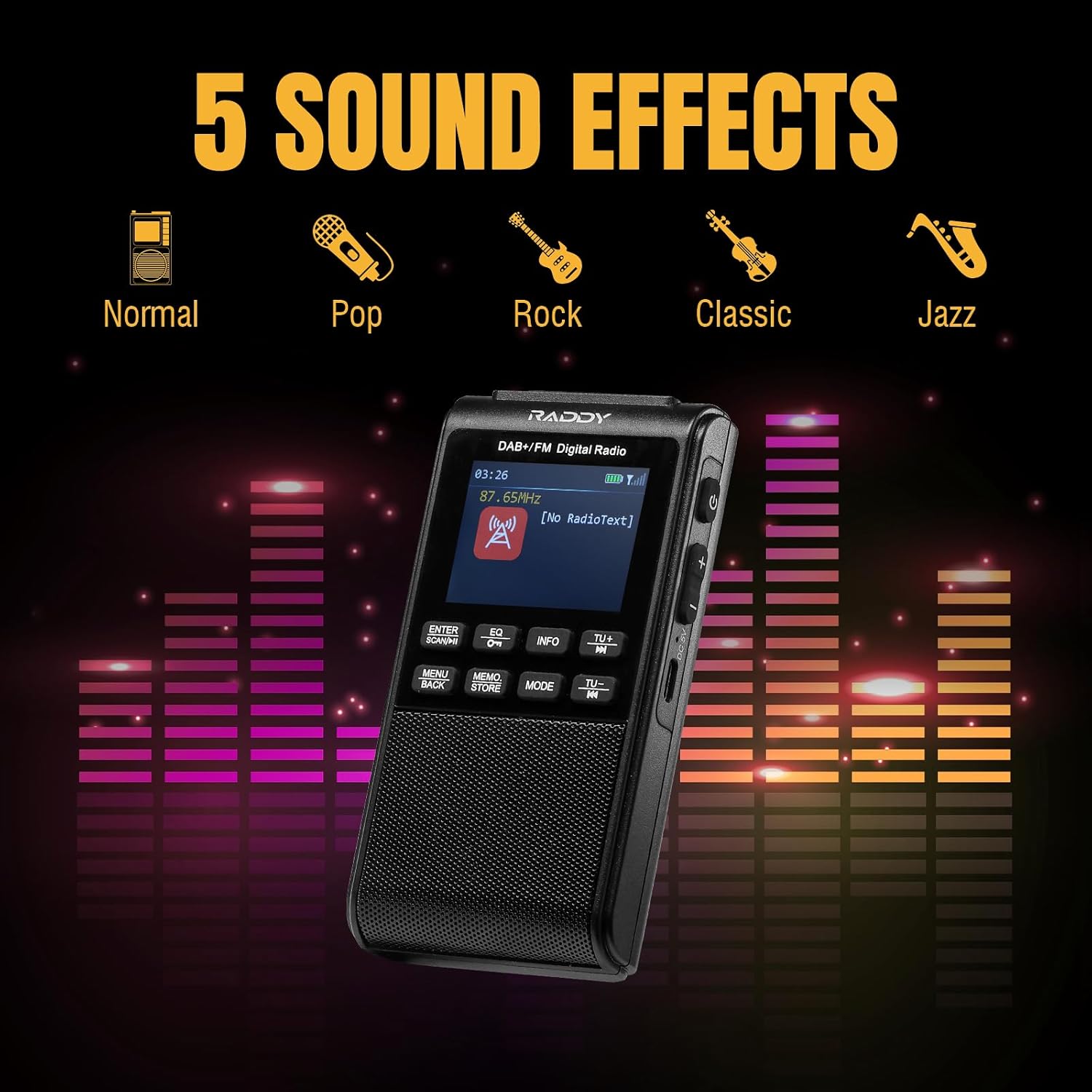 Raddy RD939 Portable DAB FM Radio, DAB Pocket Radio with BT 5.3, 5W Speaker, 2" Display, USB-C and 1200mAh Battery, Alarm Clock, TF/USB Play, Auto Scan, Headphone Jack