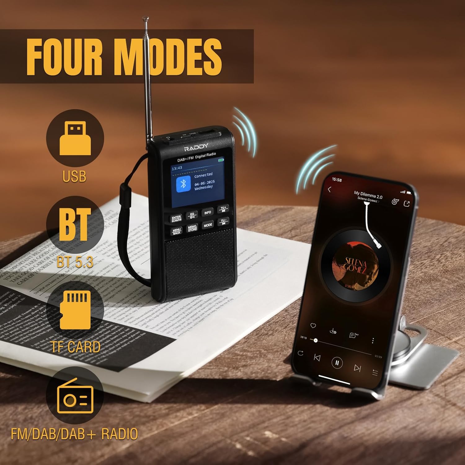 Raddy RD939 Portable DAB FM Radio, DAB Pocket Radio with BT 5.3, 5W Speaker, 2" Display, USB-C and 1200mAh Battery, Alarm Clock, TF/USB Play, Auto Scan, Headphone Jack