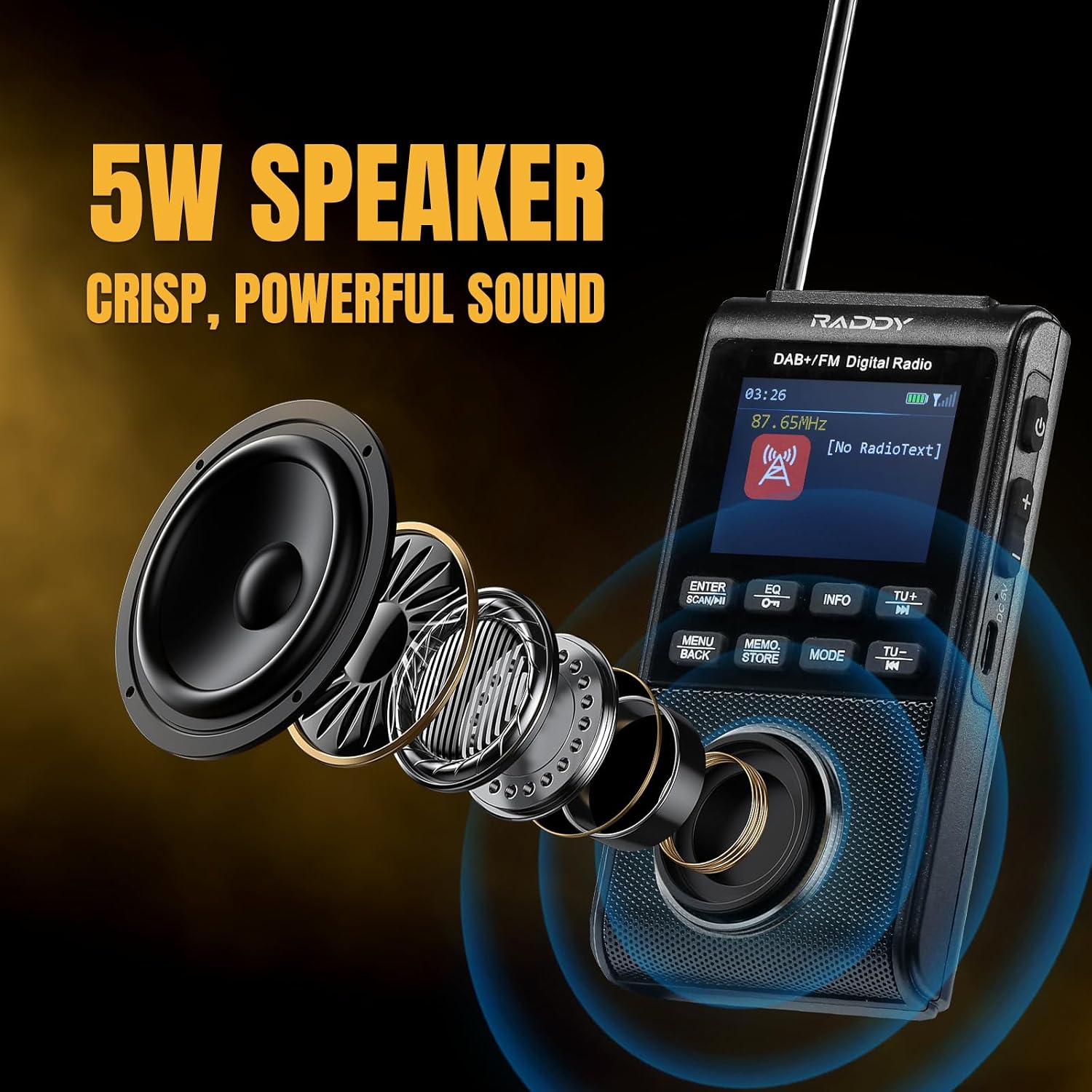 Raddy RD939 Portable DAB FM Radio, DAB Pocket Radio with BT 5.3, 5W Speaker, 2" Display, USB-C and 1200mAh Battery, Alarm Clock, TF/USB Play, Auto Scan, Headphone Jack