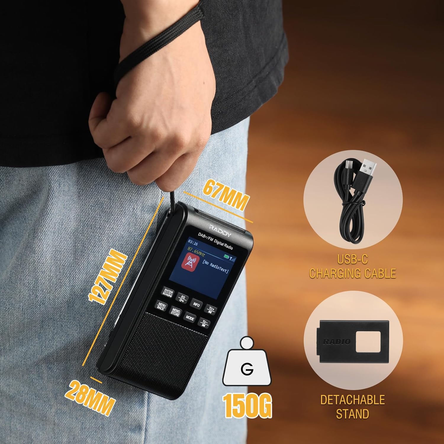 Raddy RD939 Portable DAB FM Radio, DAB Pocket Radio with BT 5.3, 5W Speaker, 2" Display, USB-C and 1200mAh Battery, Alarm Clock, TF/USB Play, Auto Scan, Headphone Jack