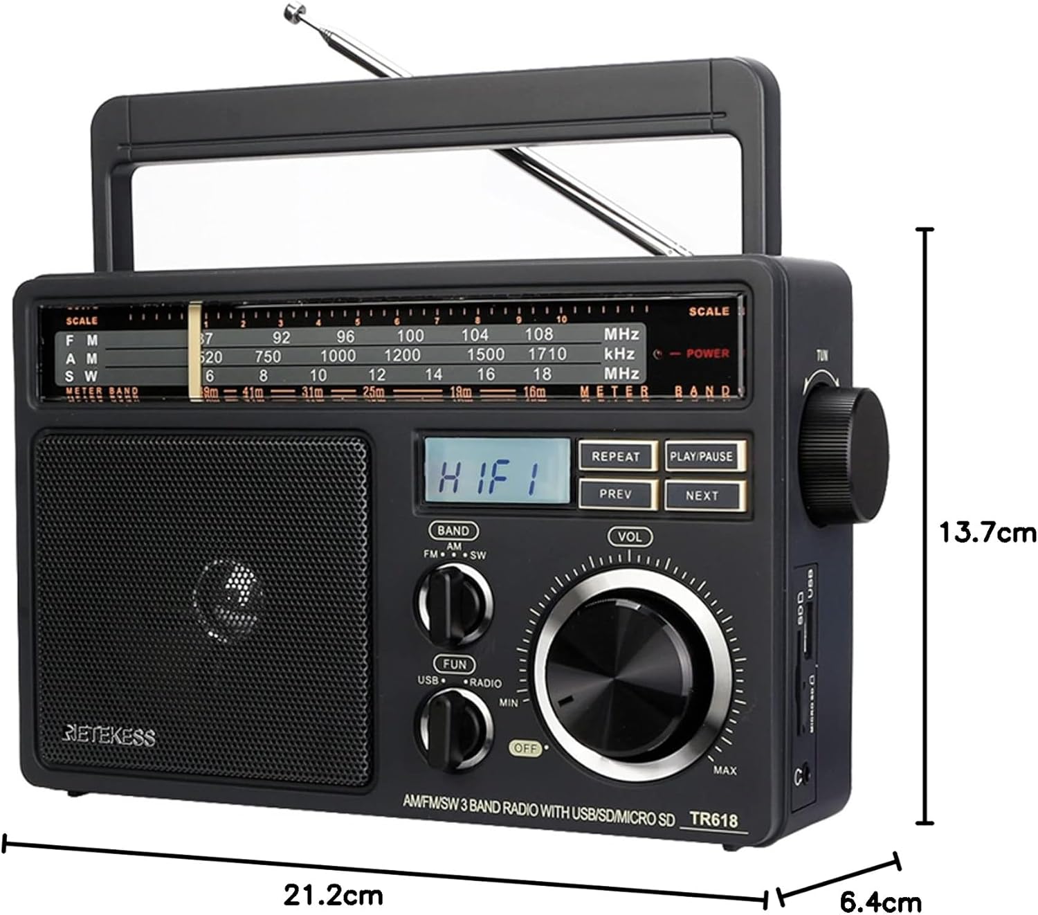 Retekess TR618 Portable Radio, FM AM Shortwave SW, Vintage, Analogue, Battery Powered, USB SD TF Card, Headphone Jack, Construction Site, for the Elderly