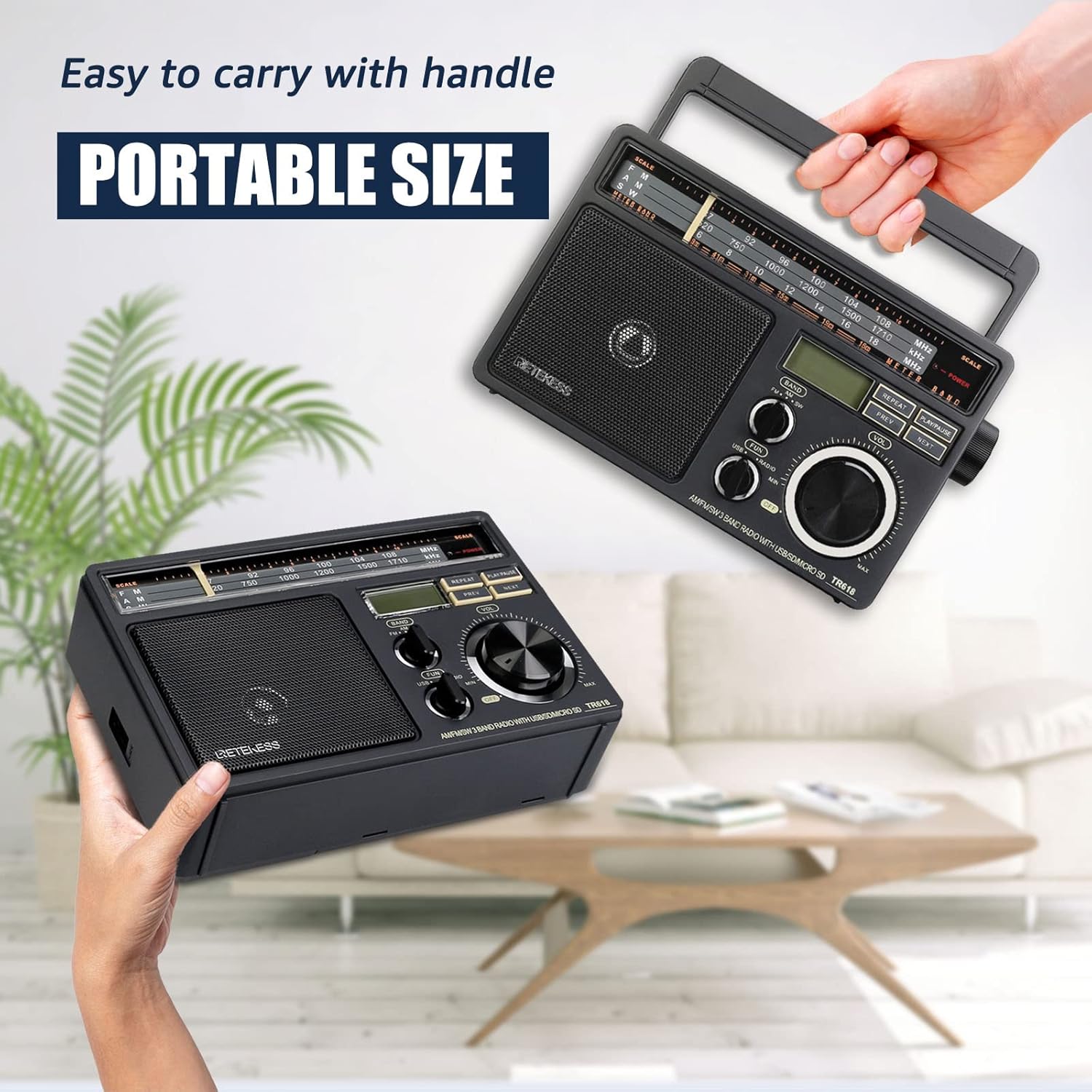 Retekess TR618 Portable Radio, FM AM Shortwave SW, Vintage, Analogue, Battery Powered, USB SD TF Card, Headphone Jack, Construction Site, for the Elderly