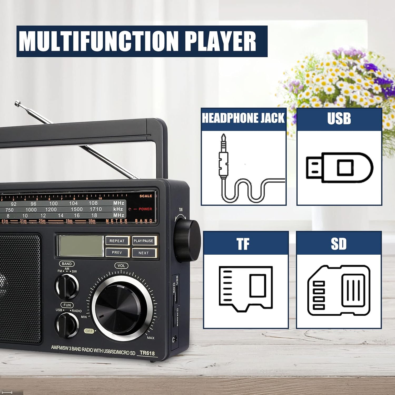 Retekess TR618 Portable Radio, FM AM Shortwave SW, Vintage, Analogue, Battery Powered, USB SD TF Card, Headphone Jack, Construction Site, for the Elderly